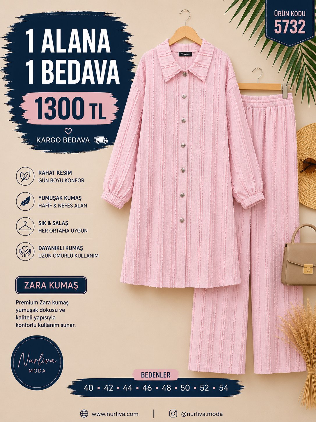 1 ALANA 1 BEDAVA 1300 TL KARGO BEDAVA ZARA KUMAŞ PANTOLONLU TAKIM  ŞEFTALİ  PUDRA  PEMBE 