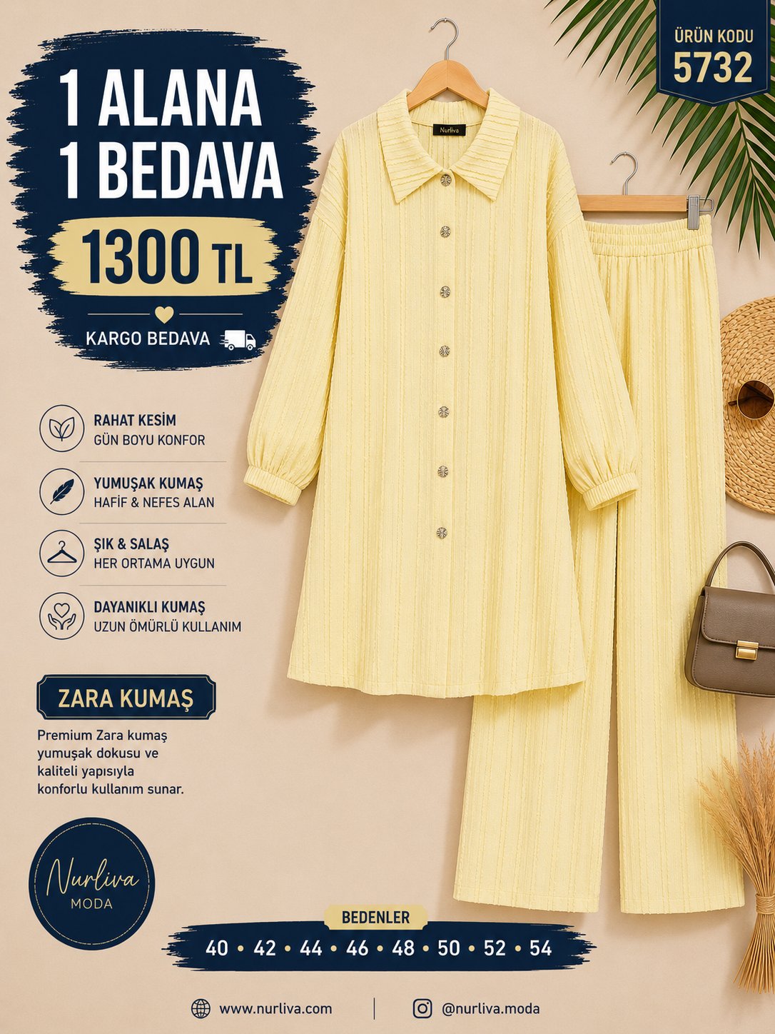 1 ALANA 1 BEDAVA 1300 TL KARGO BEDAVA ZARA KUMAŞ PANTOLONLU TAKIM  SARI 