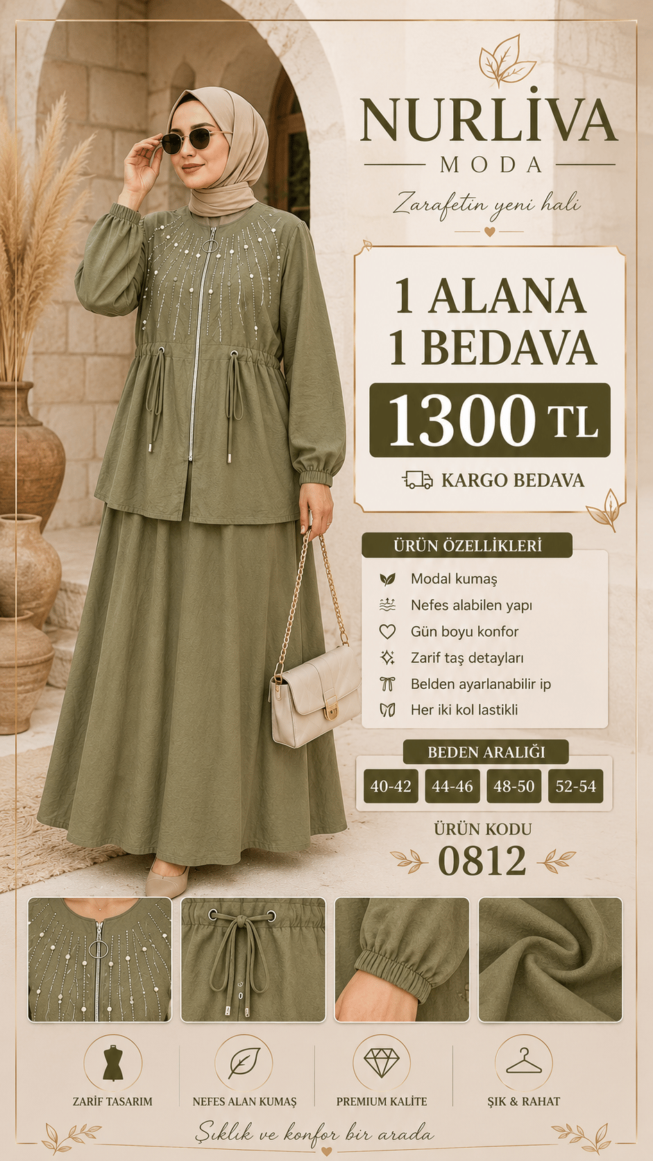 1 ALANA 1 BEDAVA 1300 TL KARGO BEDAVA TAŞ İŞLEMELİ MODAL KUMAŞ ETEKLİ TAKIM YEŞİL 