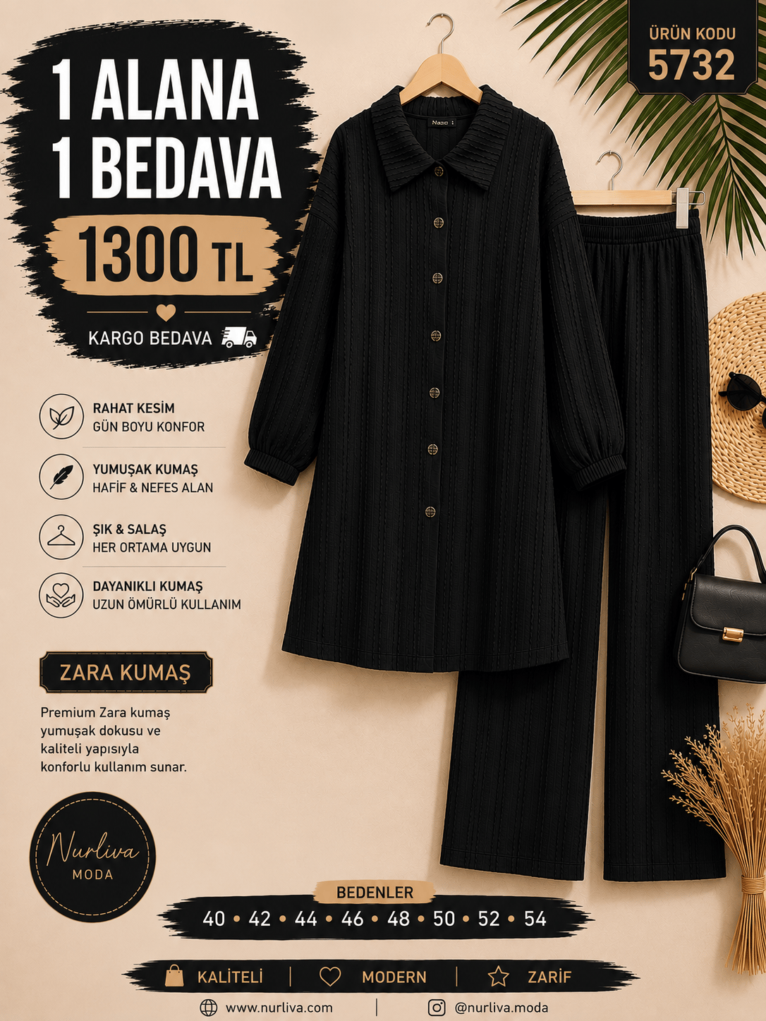 1 ALANA 1 BEDAVA 1300 TL KARGO BEDAVA ZARA KUMAŞ PANTOLONLU TAKIM SİYAH 