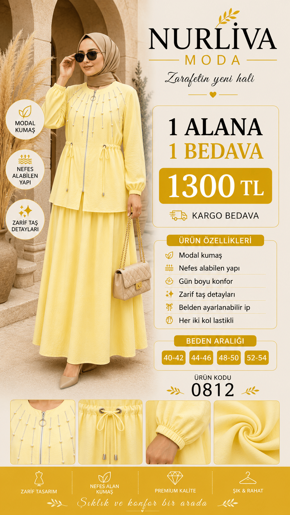 1 ALANA 1 BEDAVA 1300 TL KARGO BEDAVA TAŞ İŞLEMELİ MODAL KUMAŞ ETEKLİ TAKIM SARI 