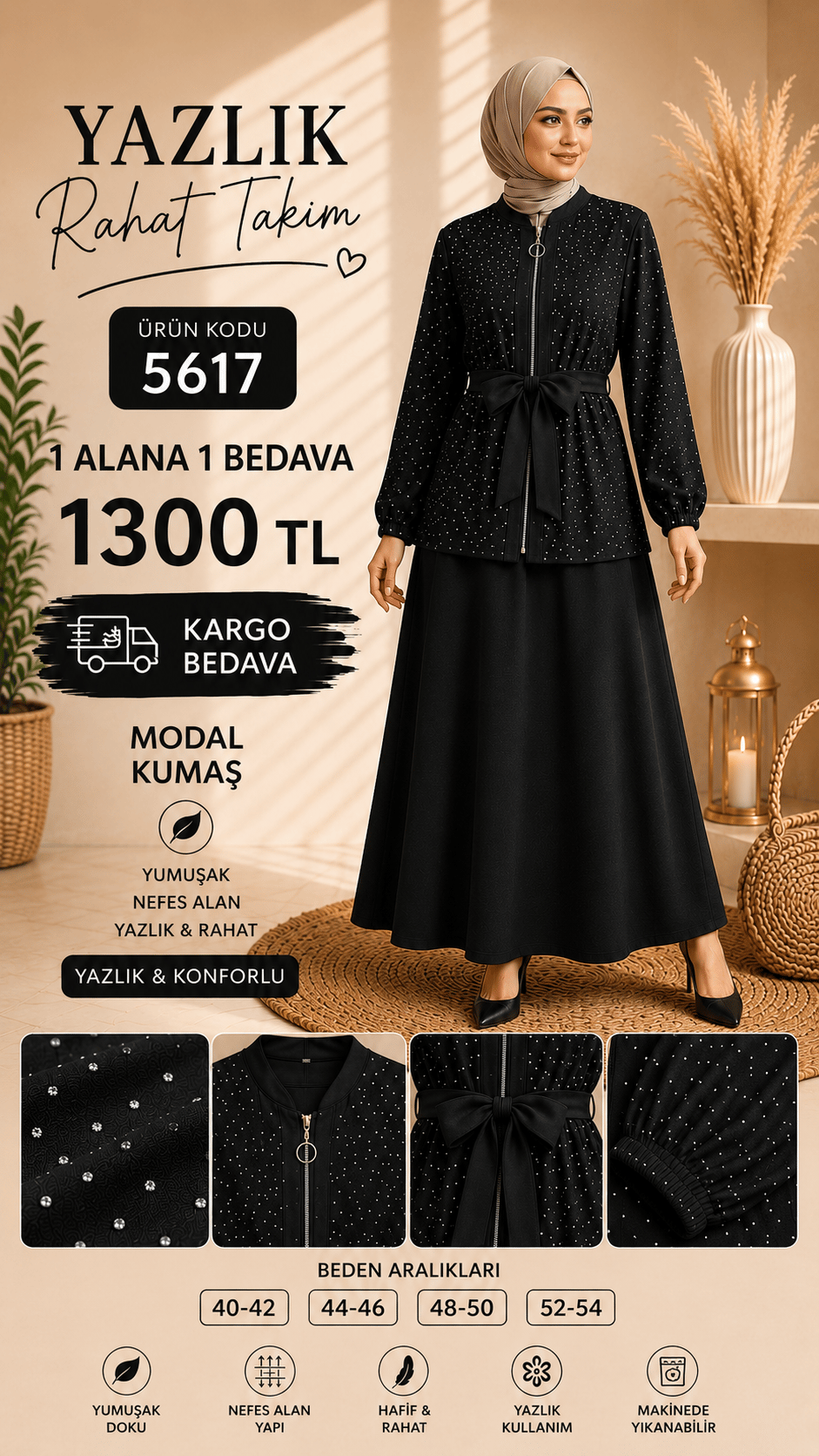 1 ALANA 1 BEDAVA 1300 TL KARGO BEDAVA TAŞ BASKILI MODAL KUMAŞ TAKIM SİYAH 