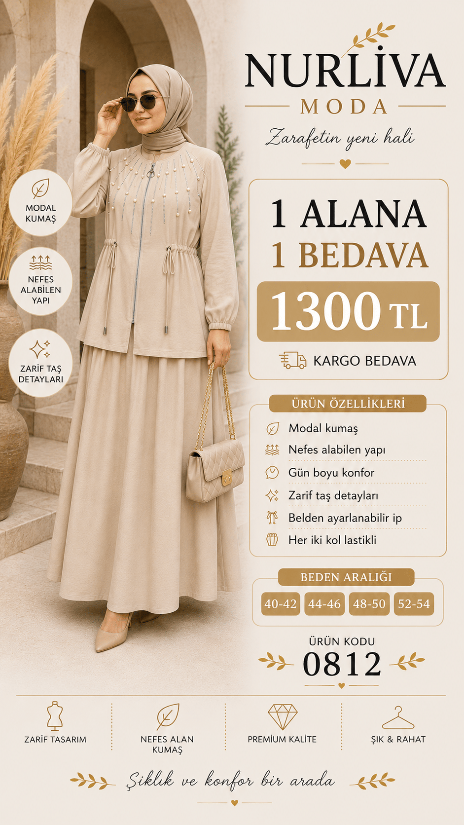 1 ALANA 1 BEDAVA 1300 TL KARGO BEDAVA TAŞ İŞLEMELİ MODAL KUMAŞ ETEKLİ TAKIM BEJ 