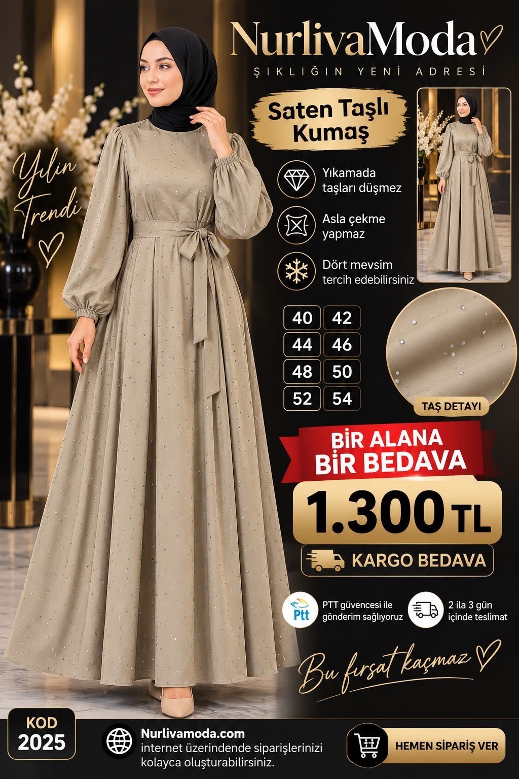 1 ALANA 1 BEDAVA 1300 TL KARGO BEDAVA  TAŞ BASKILI SATEN KUMAŞ SEYYAR KEMERLİ ABİYE ELBİSE EKRU 
