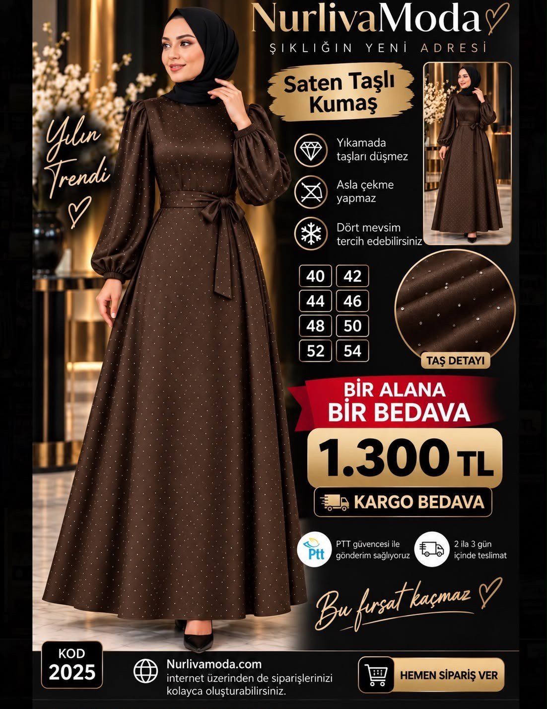 1 ALANA 1 BEDAVA 1300 TL KARGO BEDAVA  TAŞ BASKILI SATEN KUMAŞ SEYYAR KEMERLİ ABİYE ELBİSE ACI KAHVE 