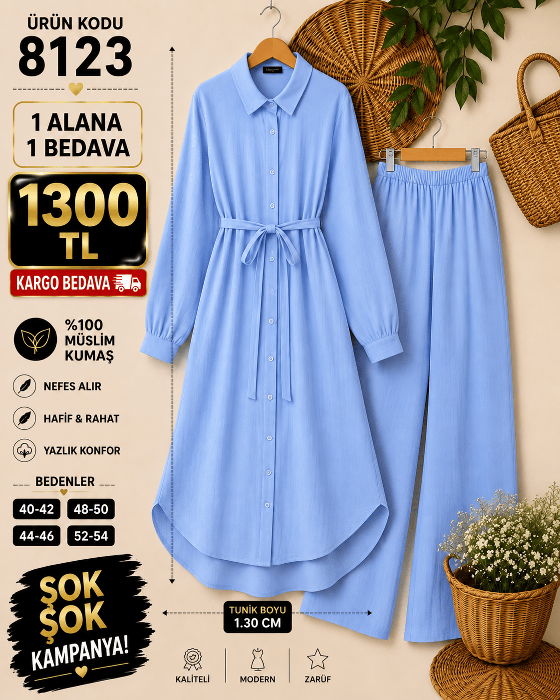 1 ALANA 1 BEDAVA 1300 TL KARGO BEDAVA MÜSLİN KUMAŞ PANTOLONLU BOYDAN DÜĞMELİ DİZ ALTI TUNİK TAKIM BEBE MAVİ 