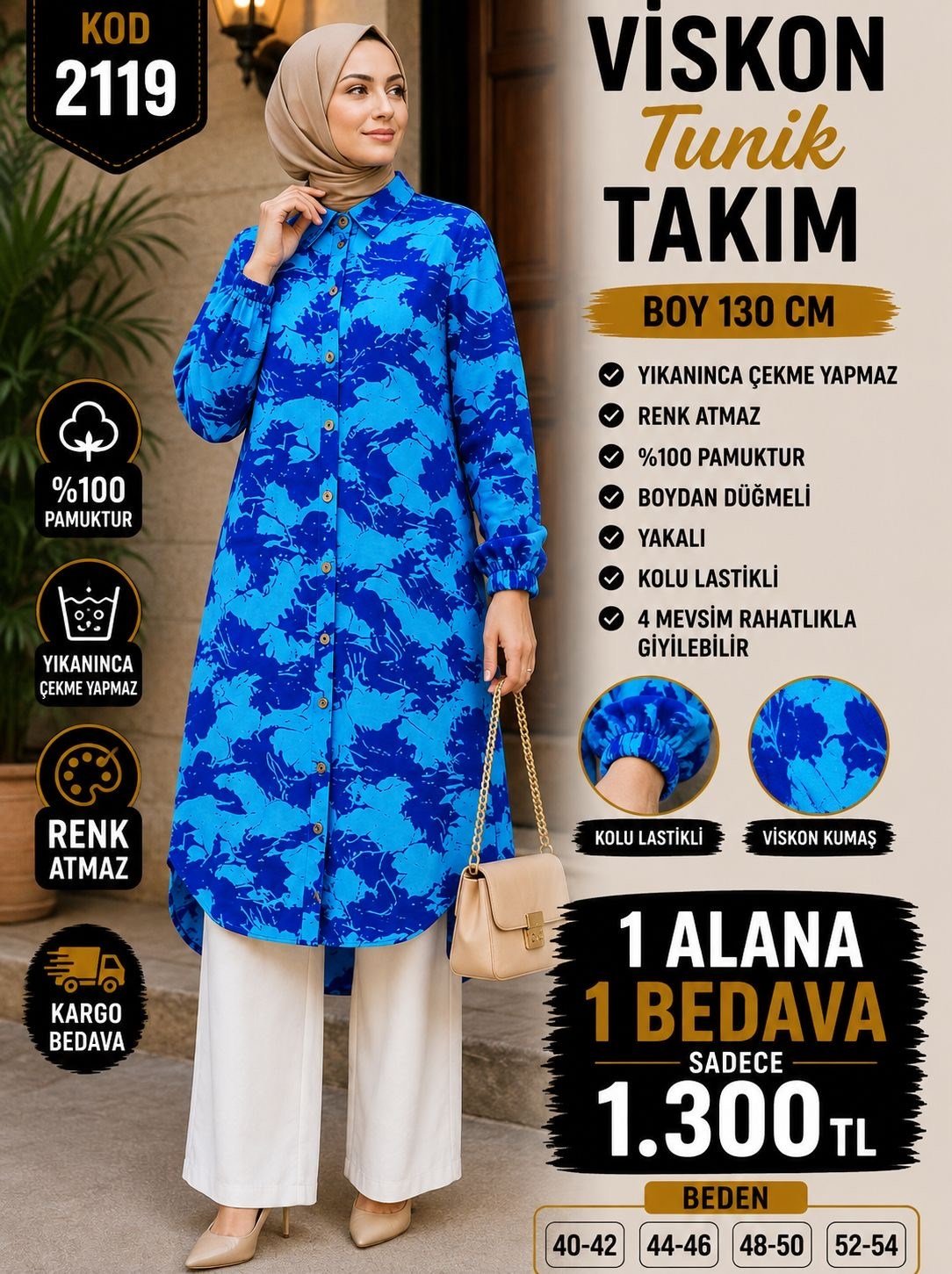 1 ALANA 1 BEDAVA 1300 TL KARGO BEDAVA BOYDAN DÜĞMELİ PANTOLONLU VİSKON KUMAŞ TUNİK TAKIM TURKUAZ -MAVİ 