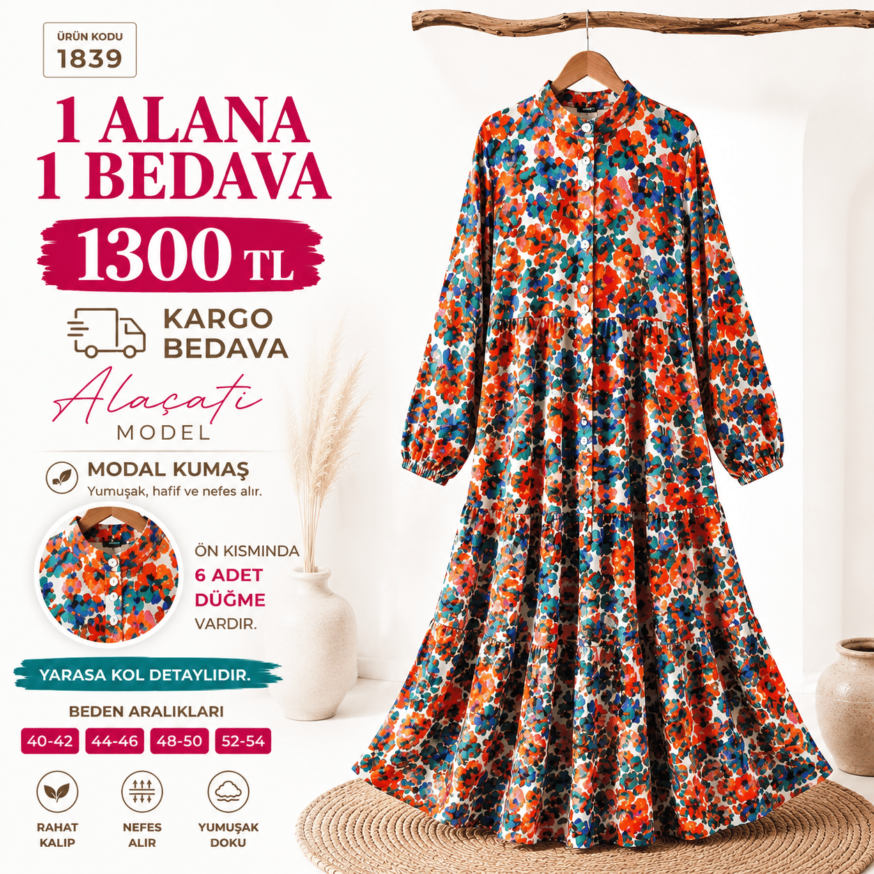 1 ALANA 1 BEDAVA 1300 TL KARGO BEDAVA YAZLIK ÇİÇEK DESENLİ MODAL KUMAŞ ELBİSE MAVİ 