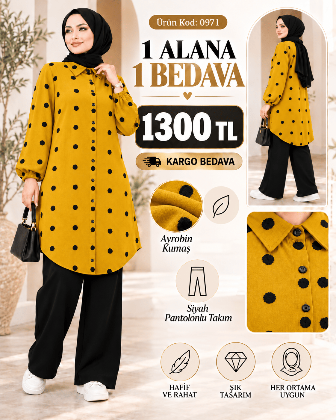 1 ALANA 1 BEDAVA 1300 TL KARGO BEDAVA PUANTİYELİ BOYDAN DÜĞMELİ PANTOLONLU TAKIM HARDAL SARISI 