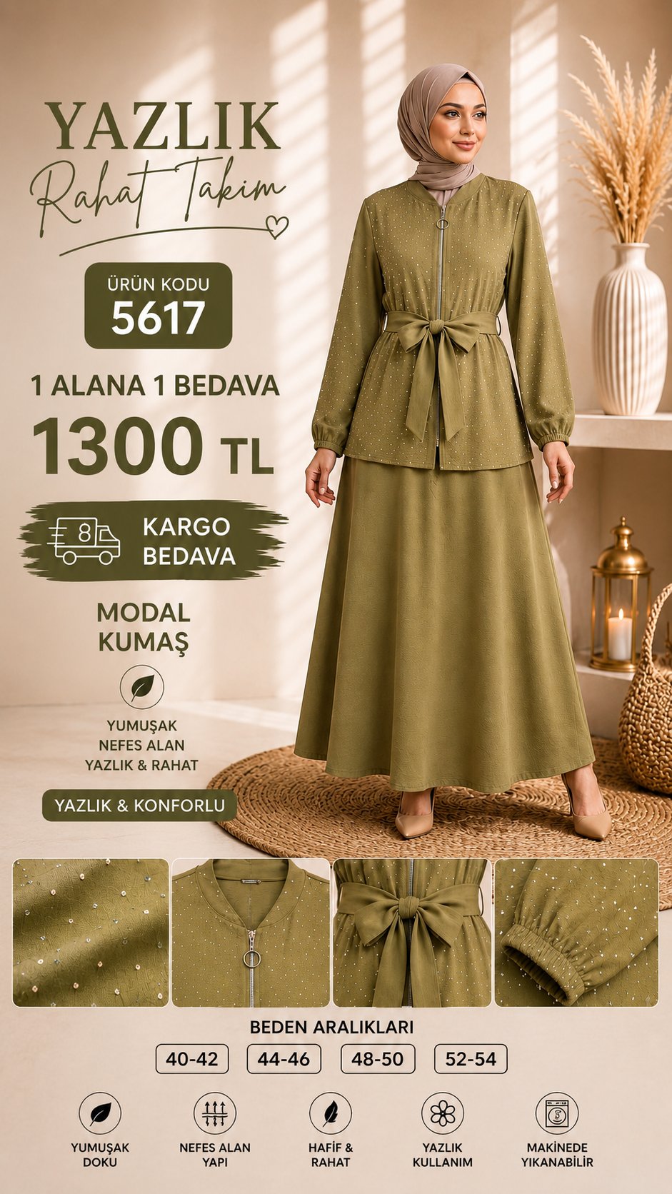 1 ALANA 1 BEDAVA 1300 TL KARGO BEDAVA TAŞ BASKILI MODAL KUMAŞ TAKIM YEŞİL 