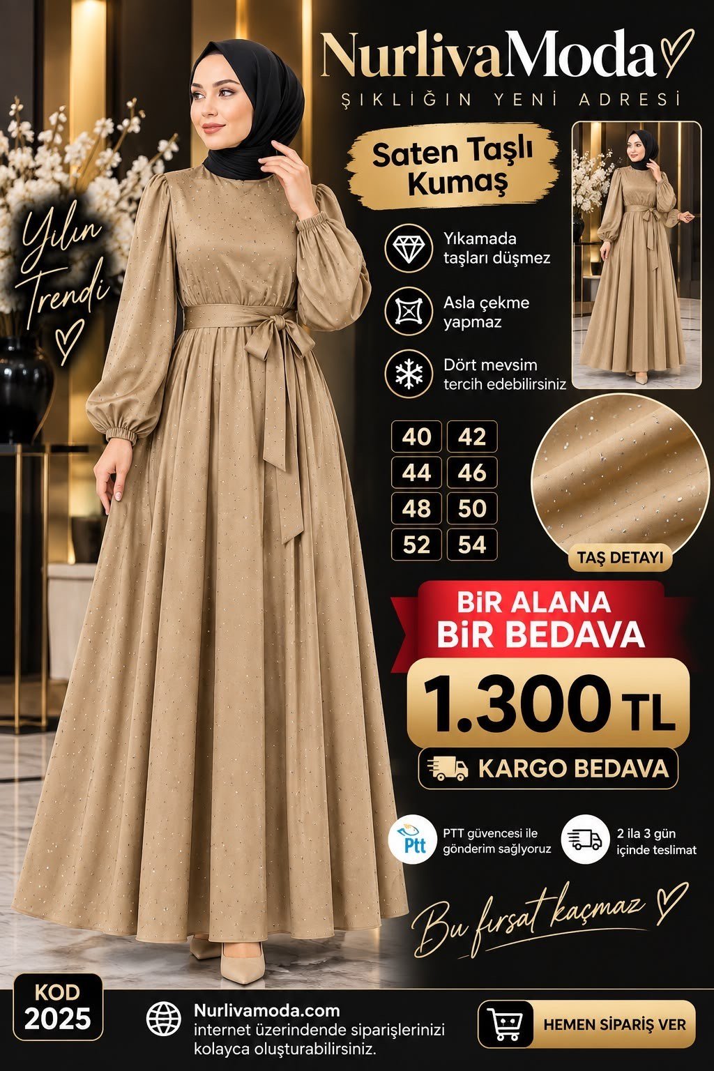 1 ALANA 1 BEDAVA 1300 TL KARGO BEDAVA  TAŞ BASKILI SATEN KUMAŞ SEYYAR KEMERLİ ABİYE ELBİSE SÜTLÜ KAHVE 