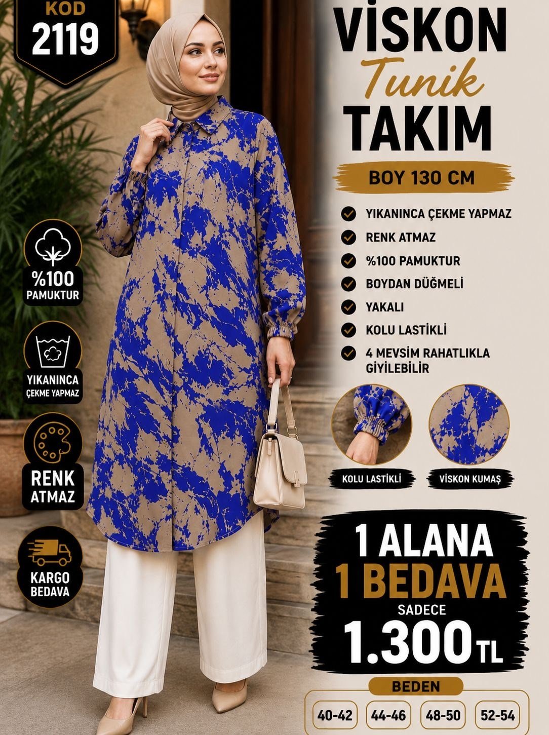 1 ALANA 1 BEDAVA 1300 TL KARGO BEDAVA BOYDAN DÜĞMELİ PANTOLONLU VİSKON KUMAŞ TUNİK TAKIM MAVİ - KAHVERENGİ  