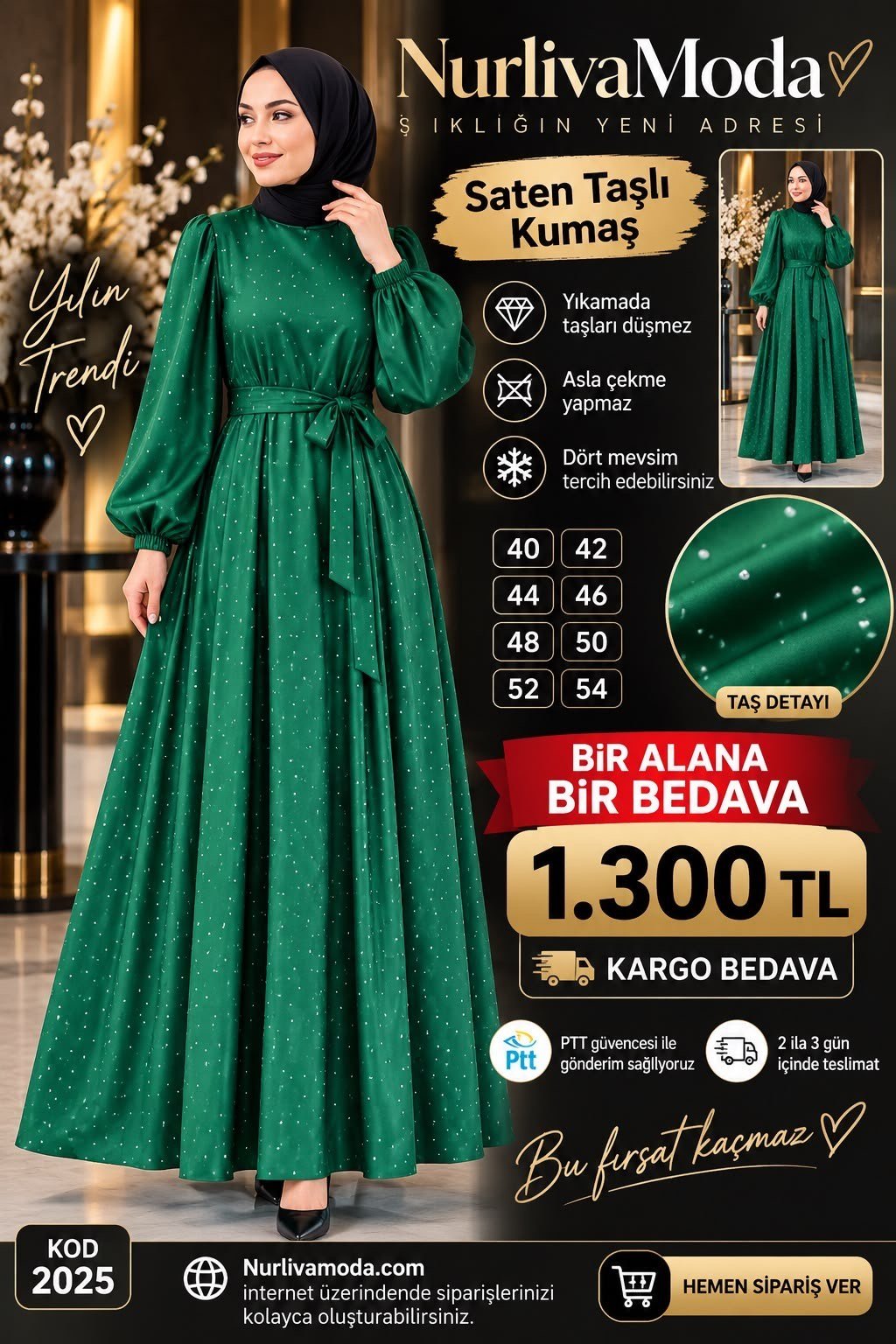 1 ALANA 1 BEDAVA 1300 TL KARGO BEDAVA  TAŞ BASKILI SATEN KUMAŞ SEYYAR KEMERLİ ABİYE ELBİSE ÇİMEN YEŞİLİ 