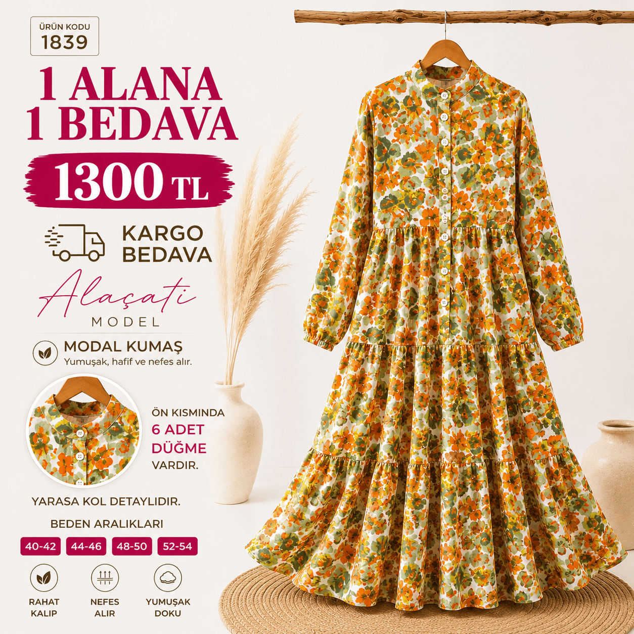 1 ALANA 1 BEDAVA 1300 TL KARGO BEDAVA YAZLIK ÇİÇEK DESENLİ MODAL KUMAŞ ELBİSE YEŞİL 