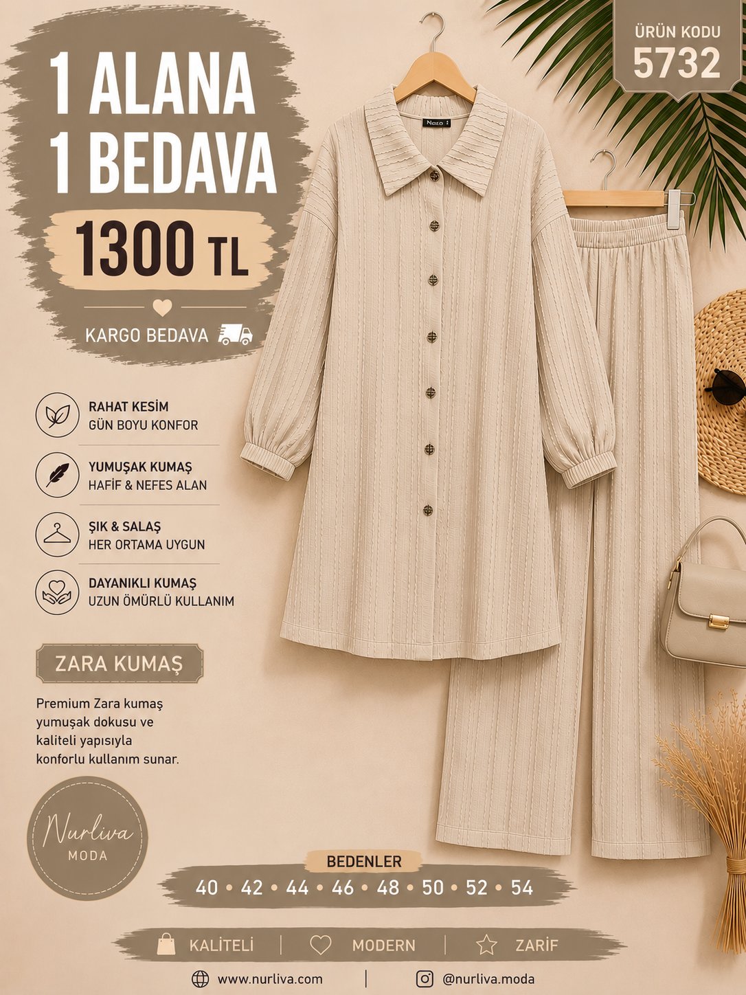 1 ALANA 1 BEDAVA 1300 TL KARGO BEDAVA ZARA KUMAŞ PANTOLONLU TAKIM TAŞ 