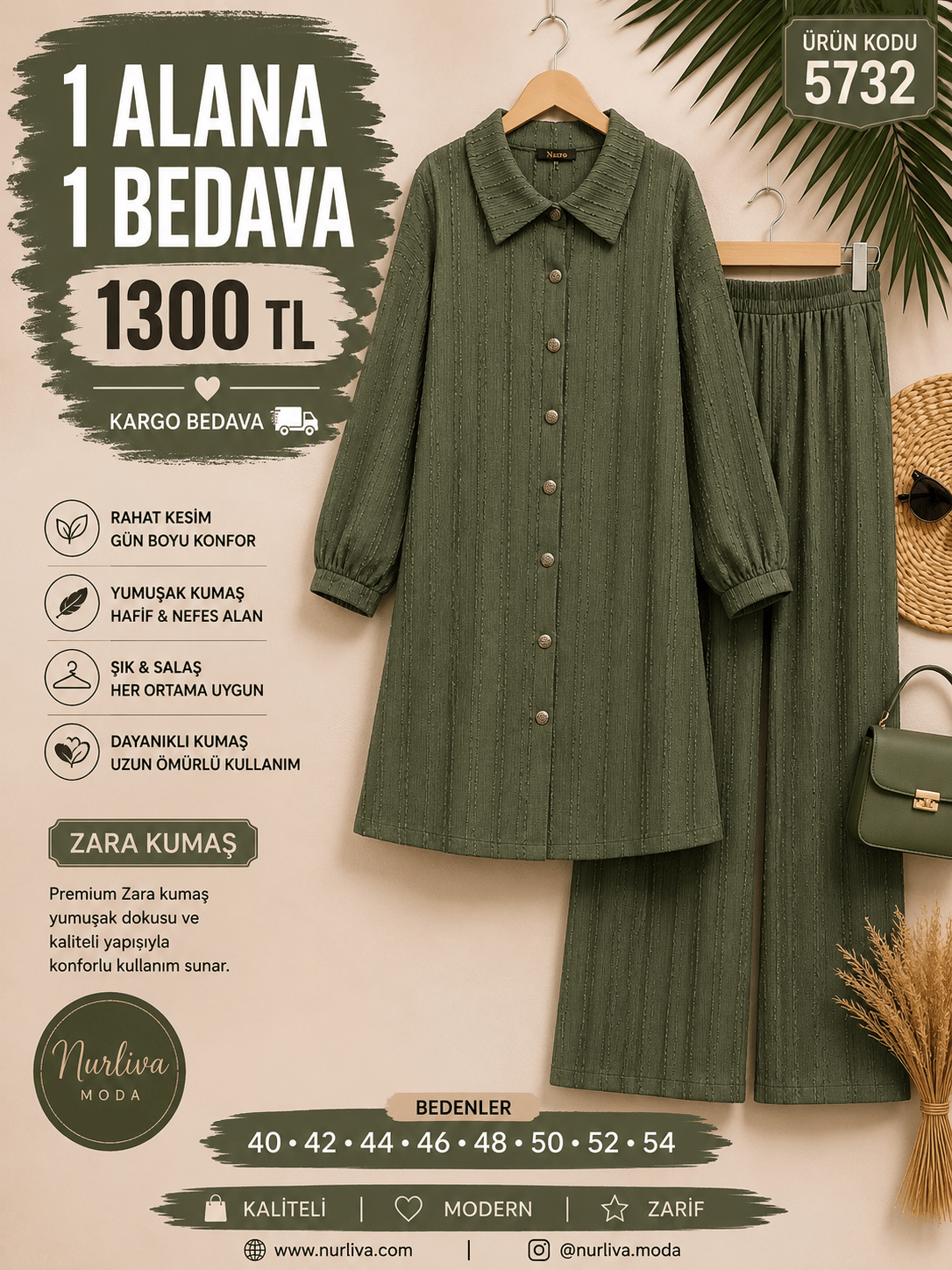 1 ALANA 1 BEDAVA 1300 TL KARGO BEDAVA ZARA KUMAŞ PANTOLONLU TAKIM YEŞİL 