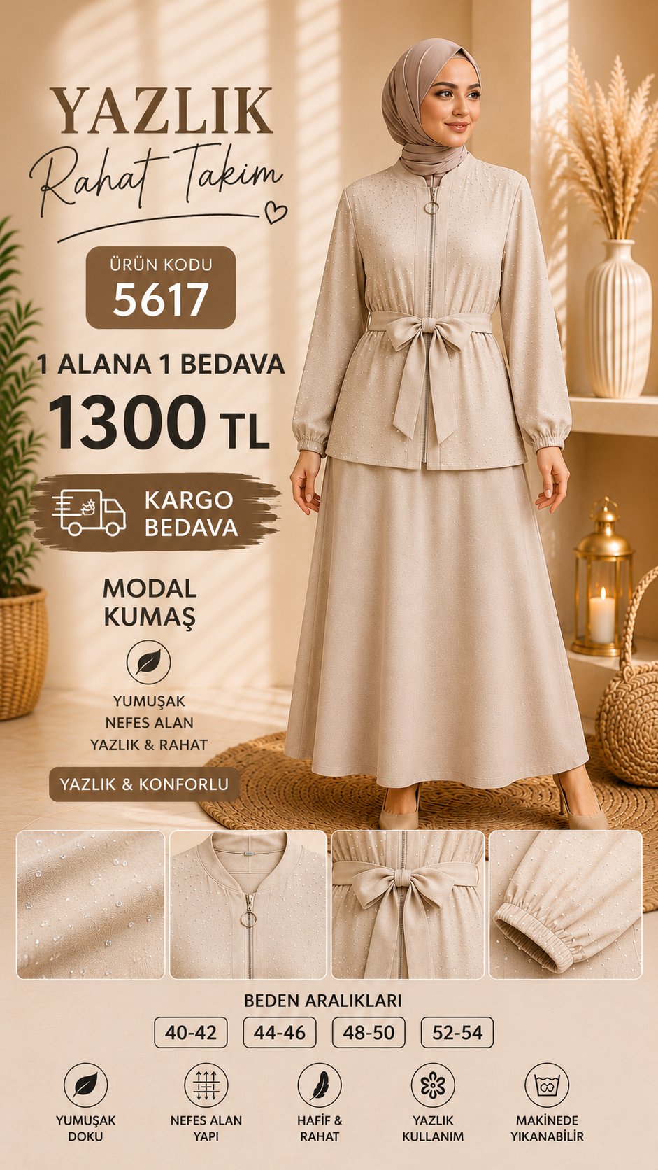 1 ALANA 1 BEDAVA 1300 TL KARGO BEDAVA TAŞ BASKILI MODAL KUMAŞ TAKIM BEJ 