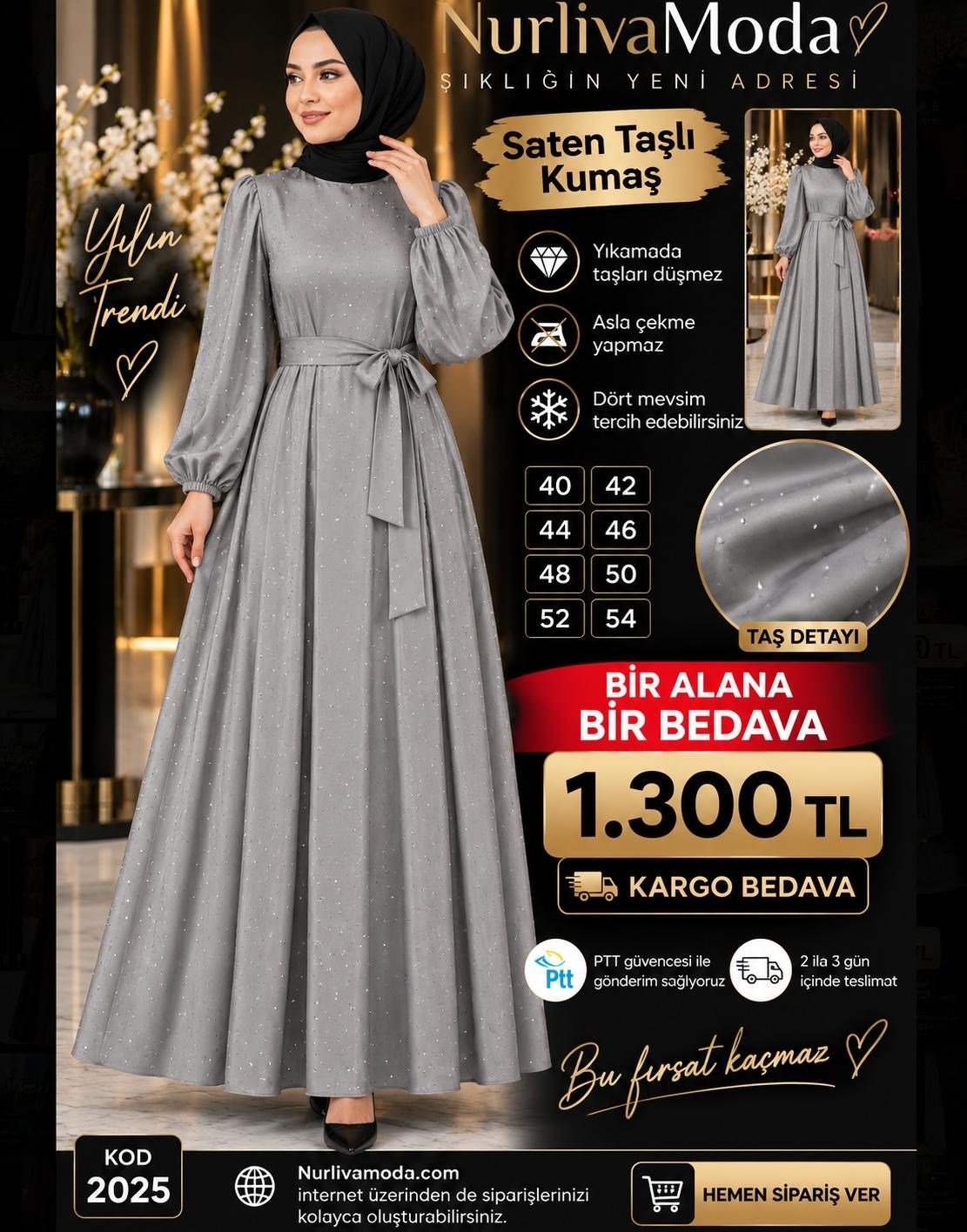 1 ALANA 1 BEDAVA 1300 TL KARGO BEDAVA  TAŞ BASKILI SATEN KUMAŞ SEYYAR KEMERLİ ABİYE ELBİSE GRİ 