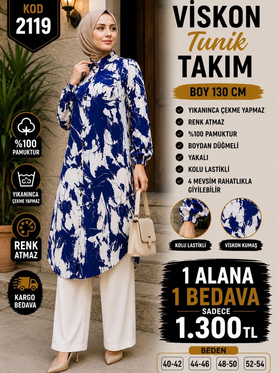 1 ALANA 1 BEDAVA 1300 TL KARGO BEDAVA BOYDAN DÜĞMELİ PANTOLONLU VİSKON KUMAŞ TUNİK TAKIM LACİVERT  - BEYAZ