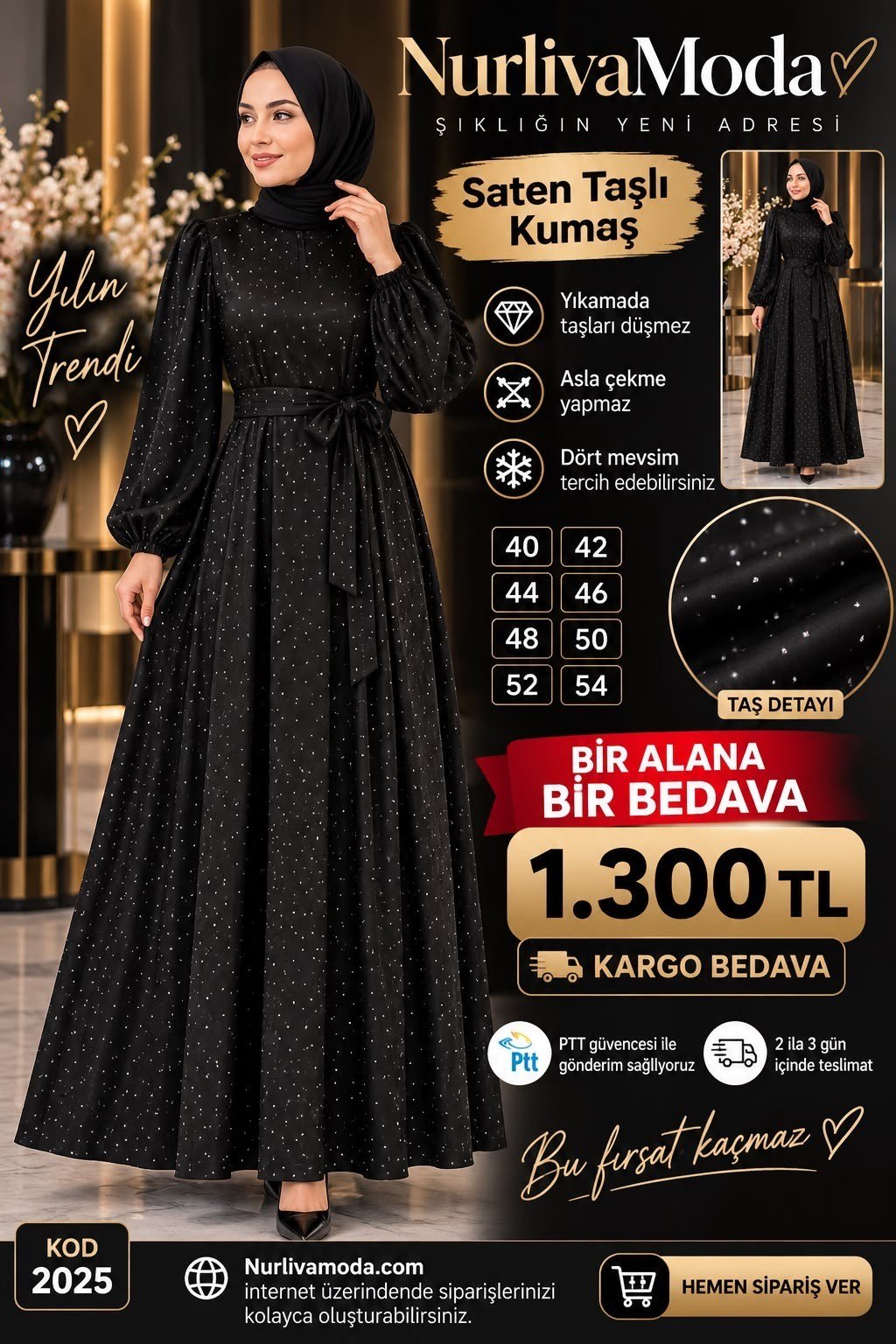 1 ALANA 1 BEDAVA 1300 TL KARGO BEDAVA  TAŞ BASKILI SATEN KUMAŞ SEYYAR KEMERLİ ABİYE ELBİSE SİYAH 