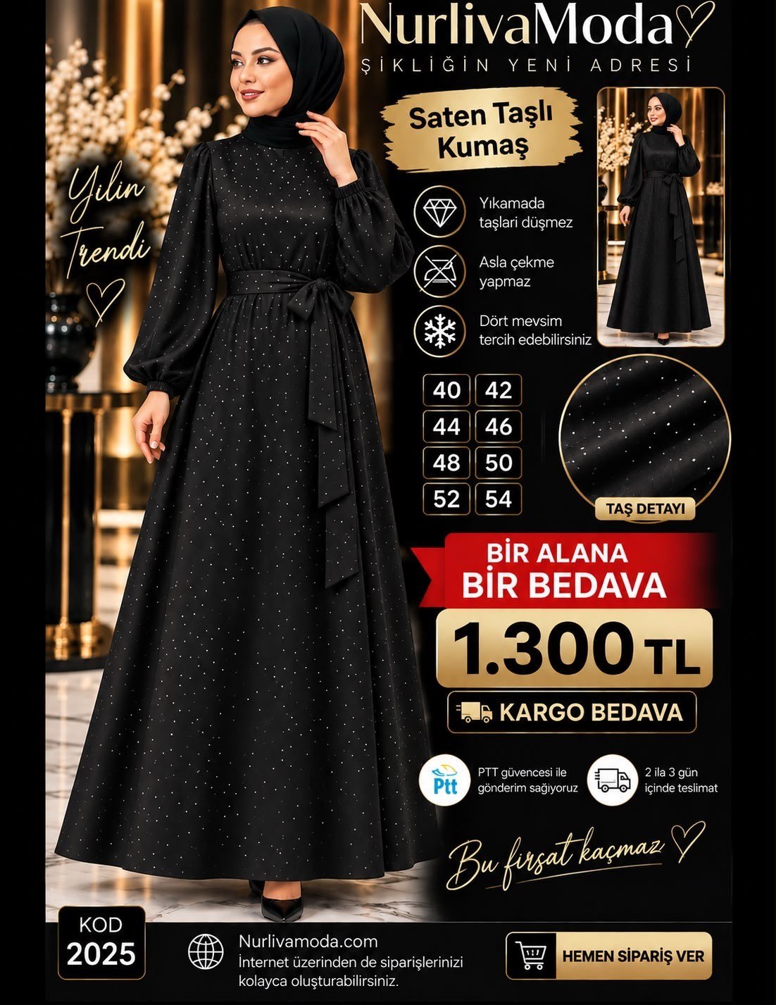 1 ALANA 1 BEDAVA 1300 TL KARGO BEDAVA  TAŞ BASKILI SATEN KUMAŞ SEYYAR KEMERLİ ABİYE ELBİSE SİYAH 