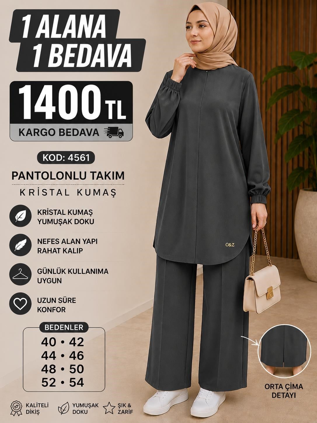 1 ALANA 1 BEDAVA 1400 TL KARGO BEDAVA OYSHO KUMAŞ ÇİMA DETAYLI PANTALONLU TAKIM FÜME 