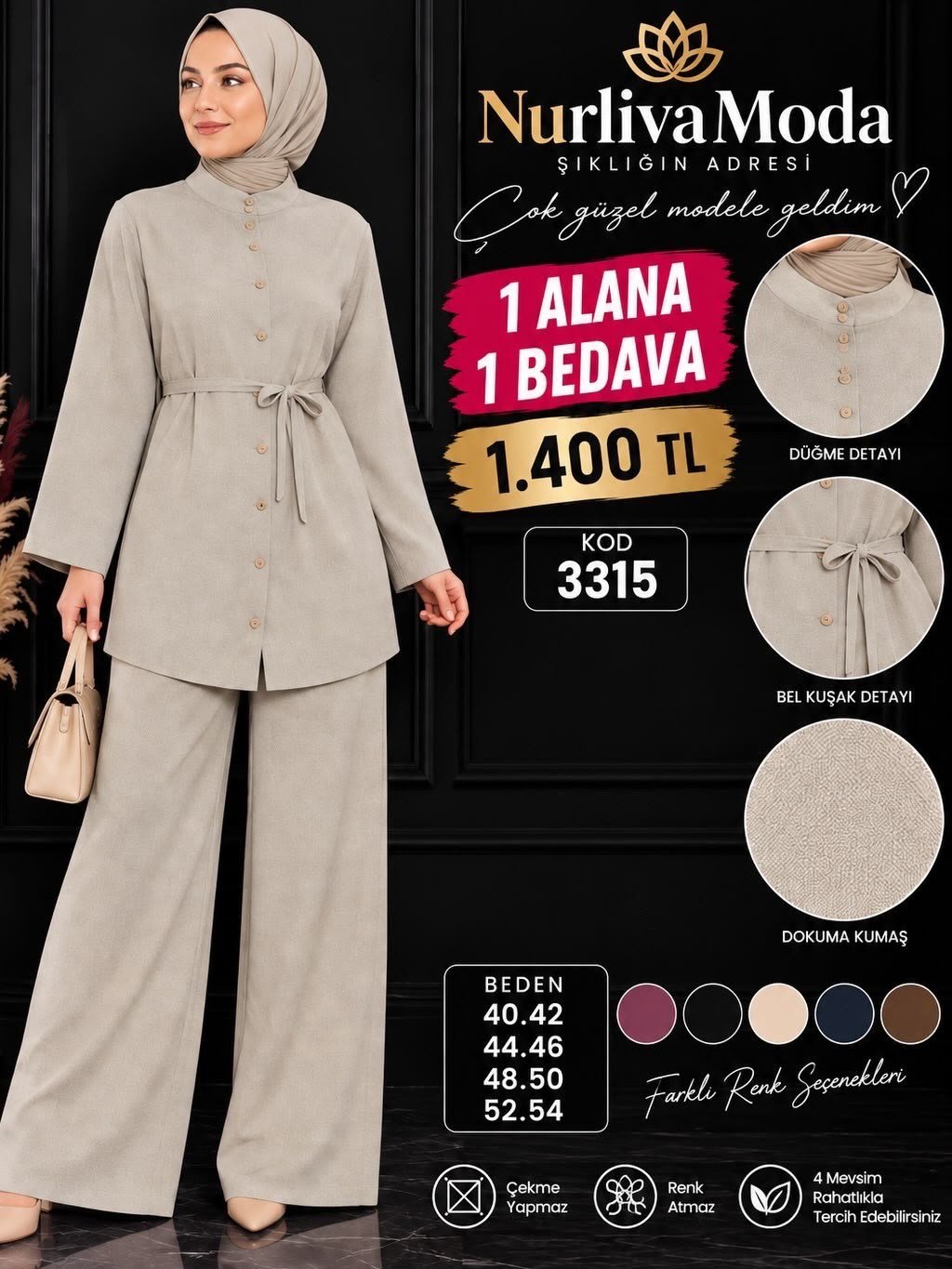 1 ALANA 1 BEDAVA  1400 TL KARGO BEDAVA BOYDAN DÜĞMELİ PANTOLONLU TAKIM  TAŞ 