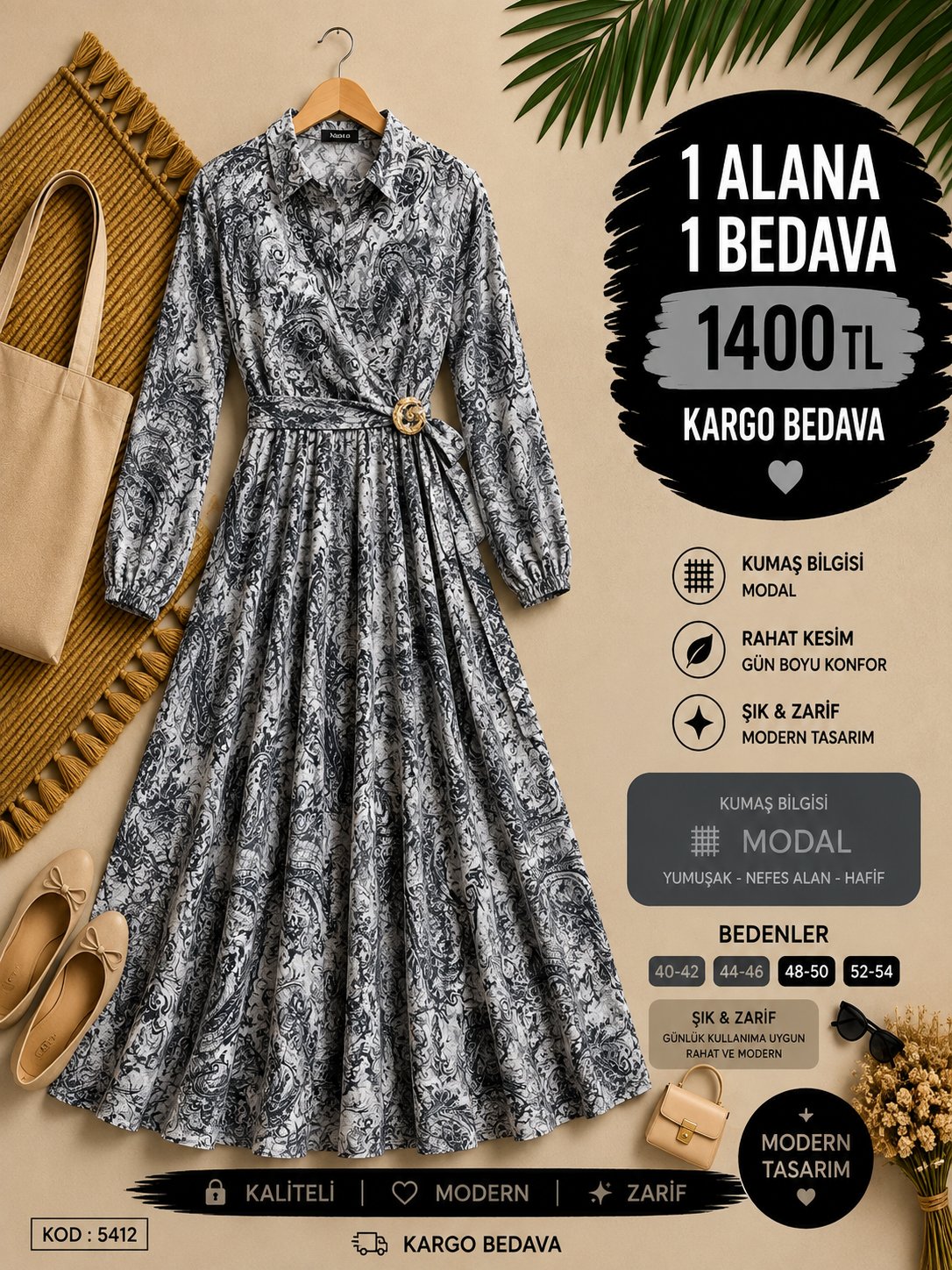 1 ALANA 1 BEDAVA 1400 TL KARGO BEDAVA MODAL KUMAŞ YANDAN BROŞ DETAYLI ELBİSE GRİ 