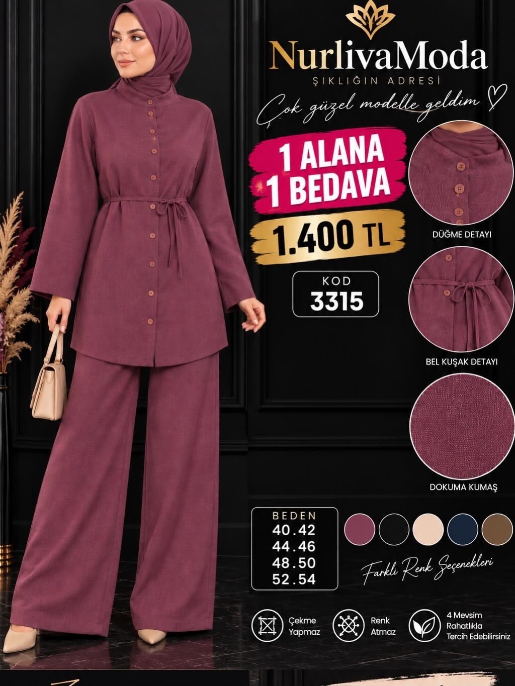 1 ALANA 1 BEDAVA  1400 TL KARGO BEDAVA BOYDAN DÜĞMELİ PANTOLONLU TAKIM  MÜRDÜM 