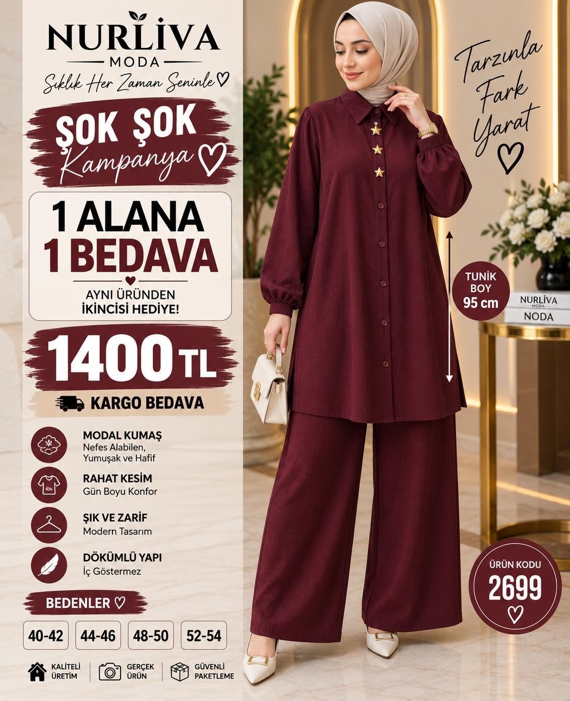 1 ALANA 1 BEDAVA 1400 TL KARGO BEDAVA MODAL KUMAŞ BOYDAN DÜĞMELİ PANTOLON TAKIM BORDO 