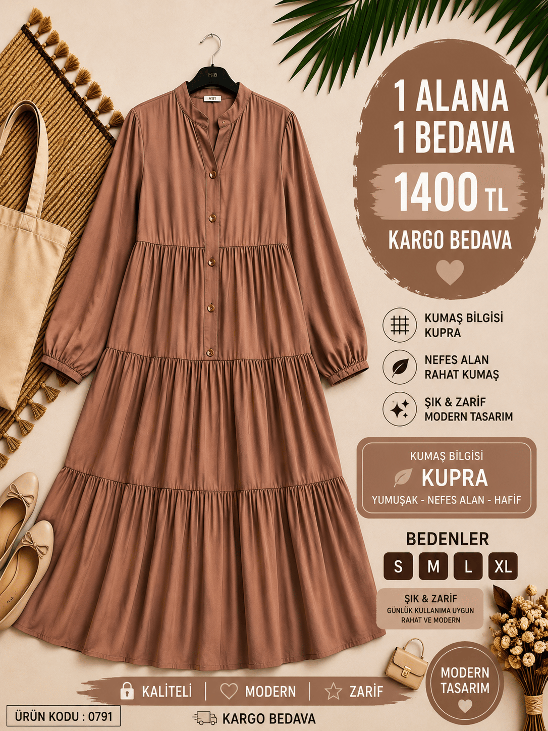 1 ALANA 1 BEDAVA 1400 TL KARGO BEDAVA MODAL KUMAŞ ALAÇATI ELBİSE  KAHVERENGİ 