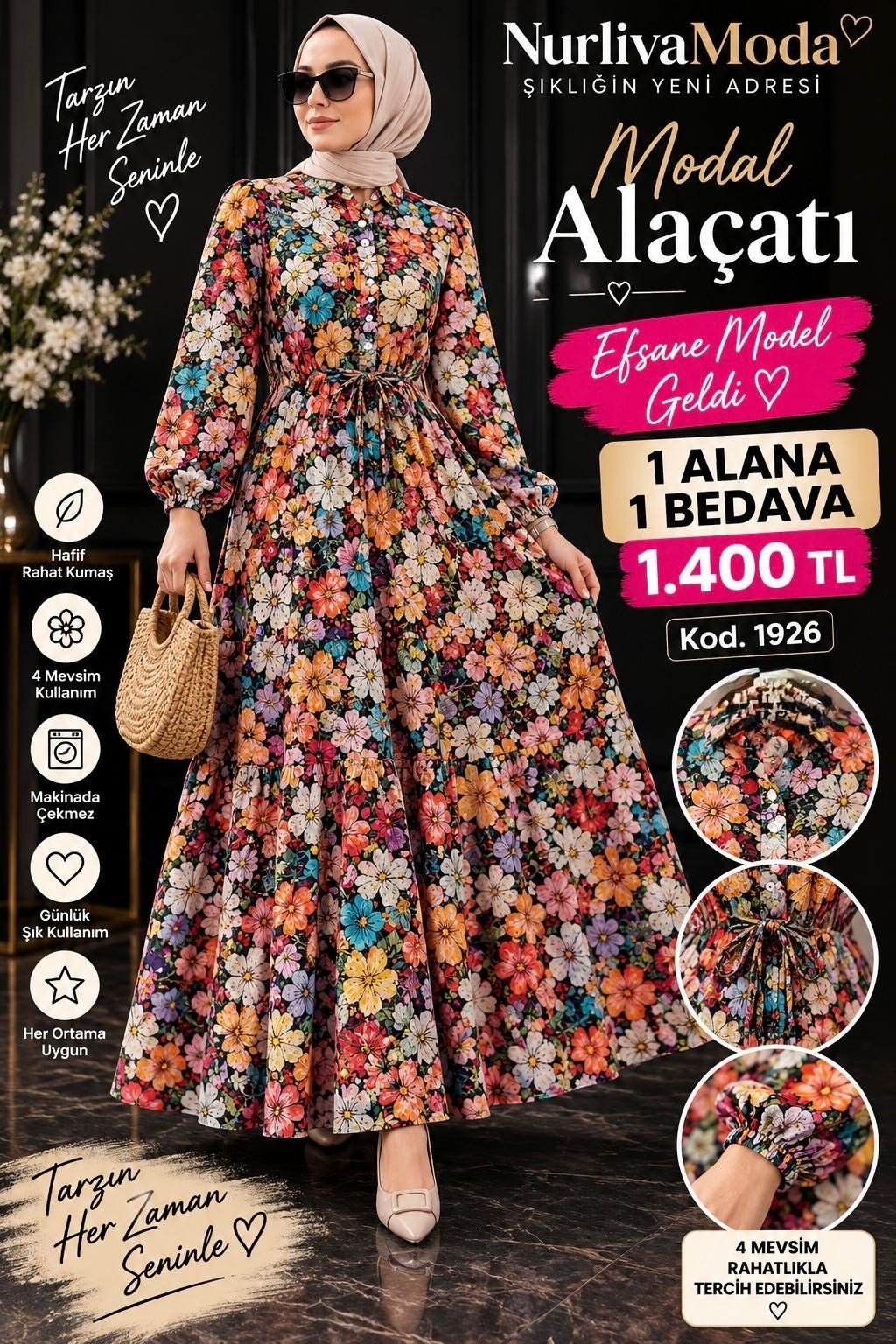 1 ALANA 1 BEDAVA 1400 TL KARGO BEDAVA  ALAÇATI ÇİÇEK DESENLİ BELDEN BAĞLAMALI ELBİSE TURUNCU 