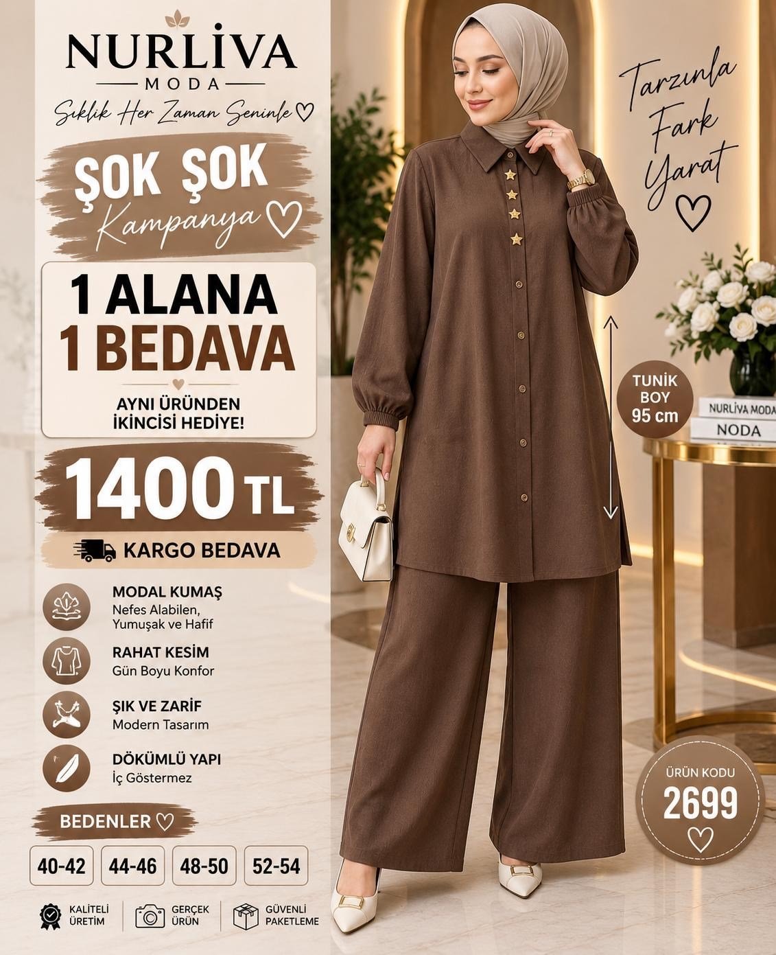 1 ALANA 1 BEDAVA 1400 TL KARGO BEDAVA MODAL KUMAŞ BOYDAN DÜĞMELİ PANTOLON TAKIM ACI KAHVE 