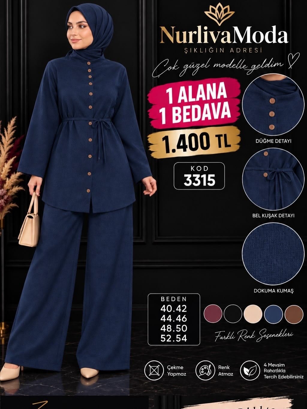 1 ALANA 1 BEDAVA  1400 TL KARGO BEDAVA BOYDAN DÜĞMELİ PANTOLONLU TAKIM LACİVERT 