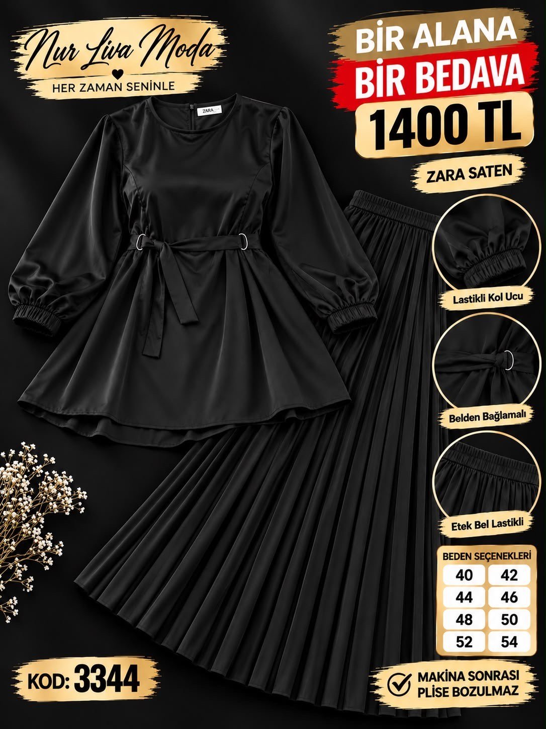 1 ALANA 1 BEDAVA 1400 TL KARGO BEDAVA ETEKLİ TAKIM SİYAH 