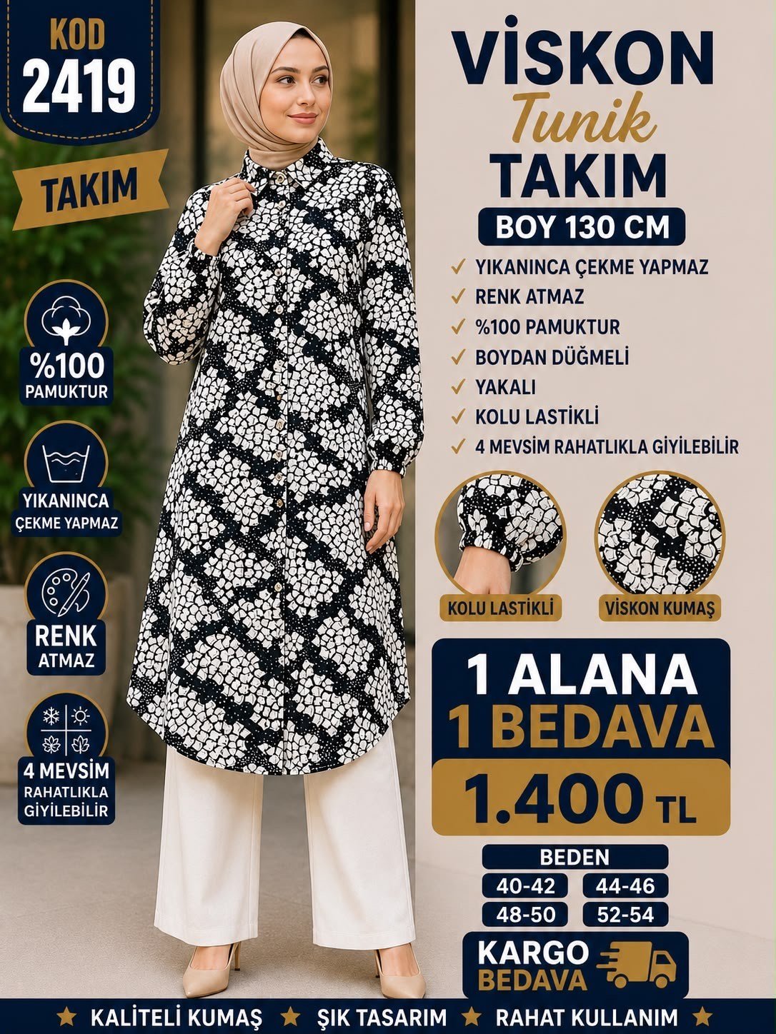 1 ALANA 1 BEDAVA 1400 TL KARGO BEDAVA VİSKON KUMAŞ TUNİKLİ TAKIM SİYAH 
