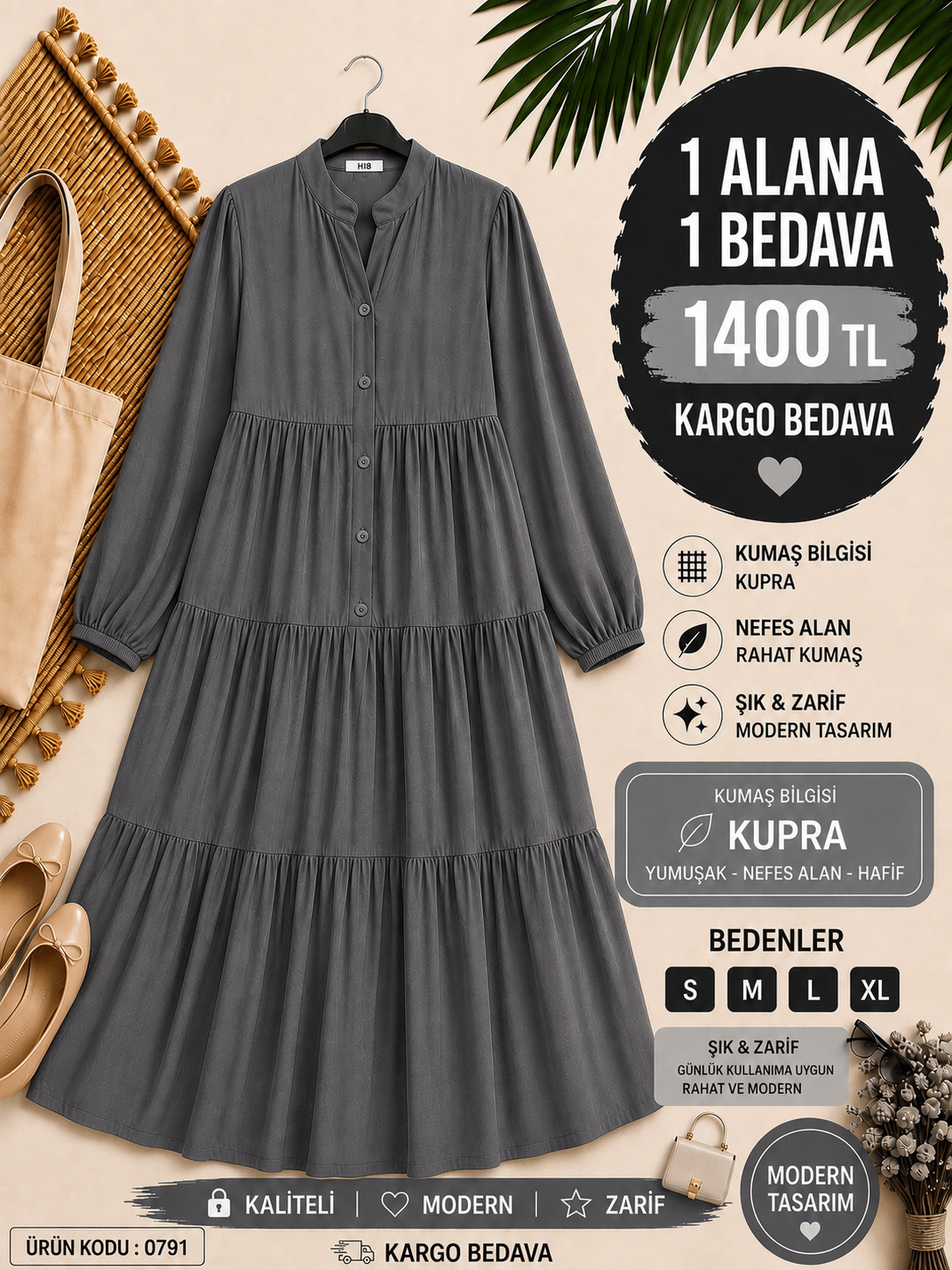 1 ALANA 1 BEDAVA 1400 TL KARGO BEDAVA MODAL KUMAŞ ALAÇATI ELBİSE  FÜME 