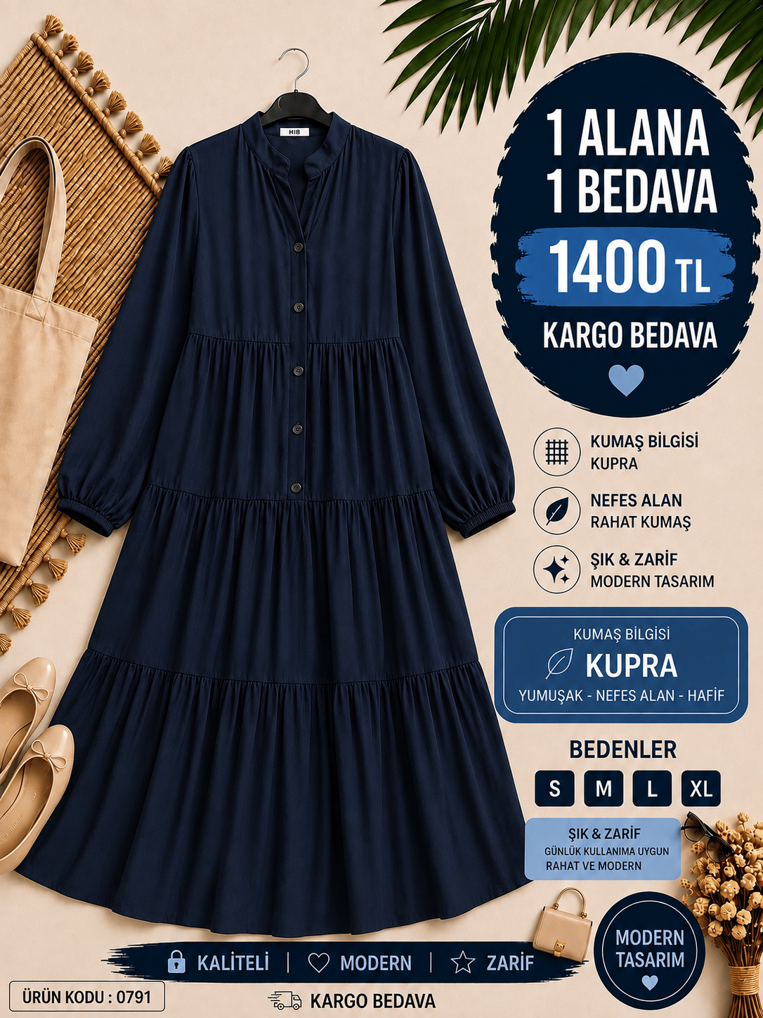 1 ALANA 1 BEDAVA 1400 TL KARGO BEDAVA MODAL KUMAŞ ALAÇATI ELBİSE LACİVERT 