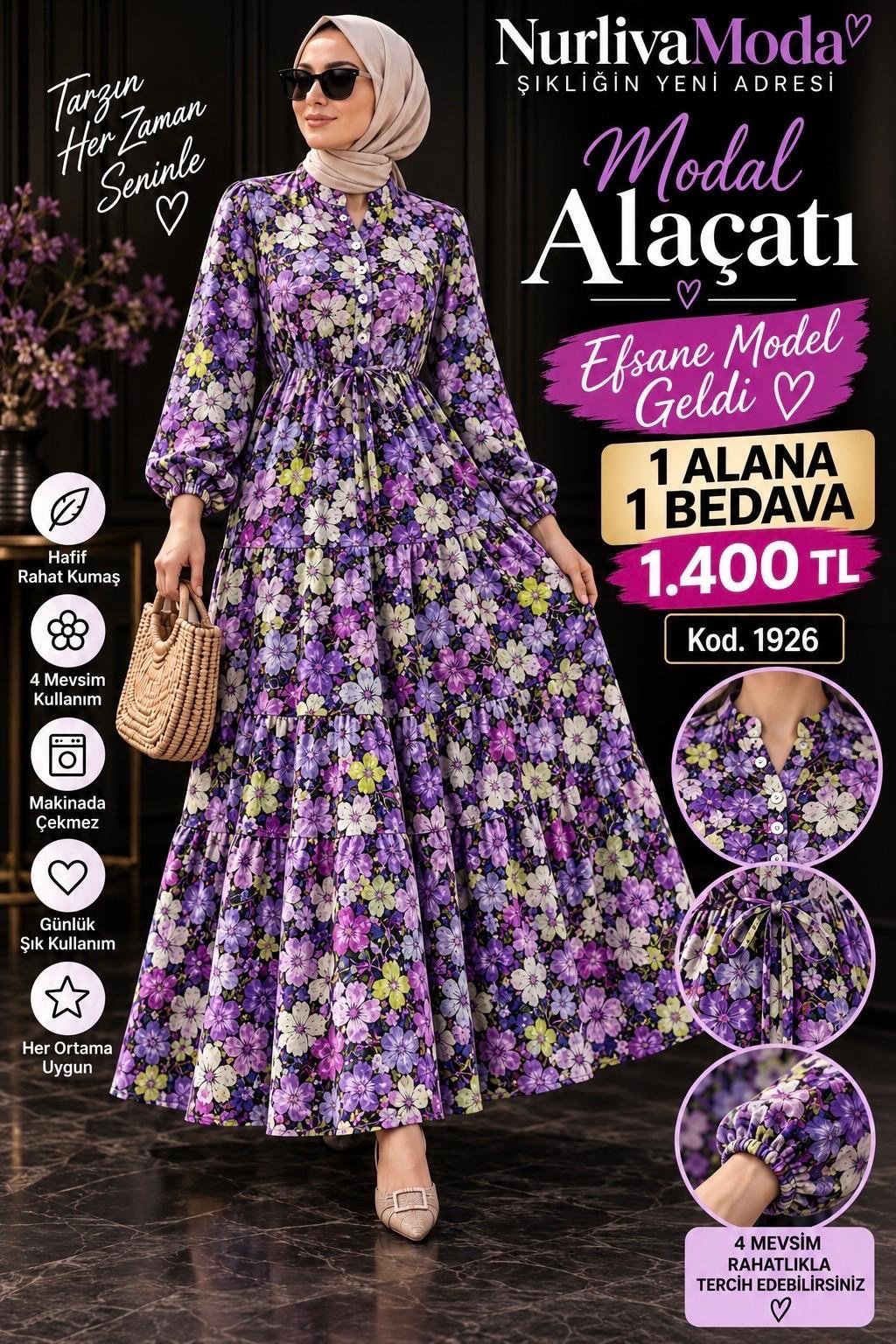 1 ALANA 1 BEDAVA 1400 TL KARGO BEDAVA  ALAÇATI ÇİÇEK DESENLİ BELDEN BAĞLAMALI ELBİSE MOR 