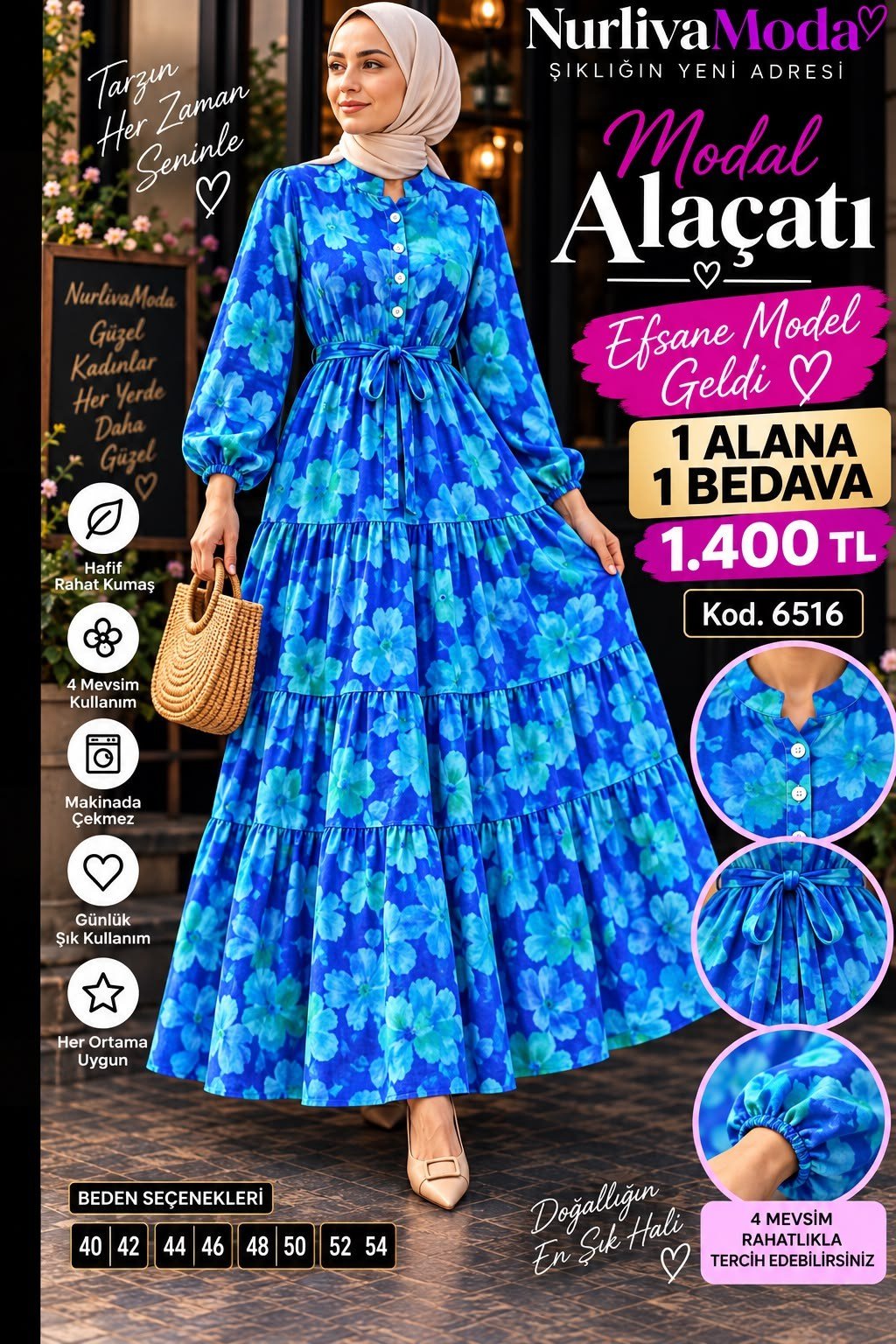 1 ALANA 1 BEDAVA 1400 TL KARGO BEDAVA ALAÇATI BELDEN BAĞLAMALI ELBİSE MAVİ 