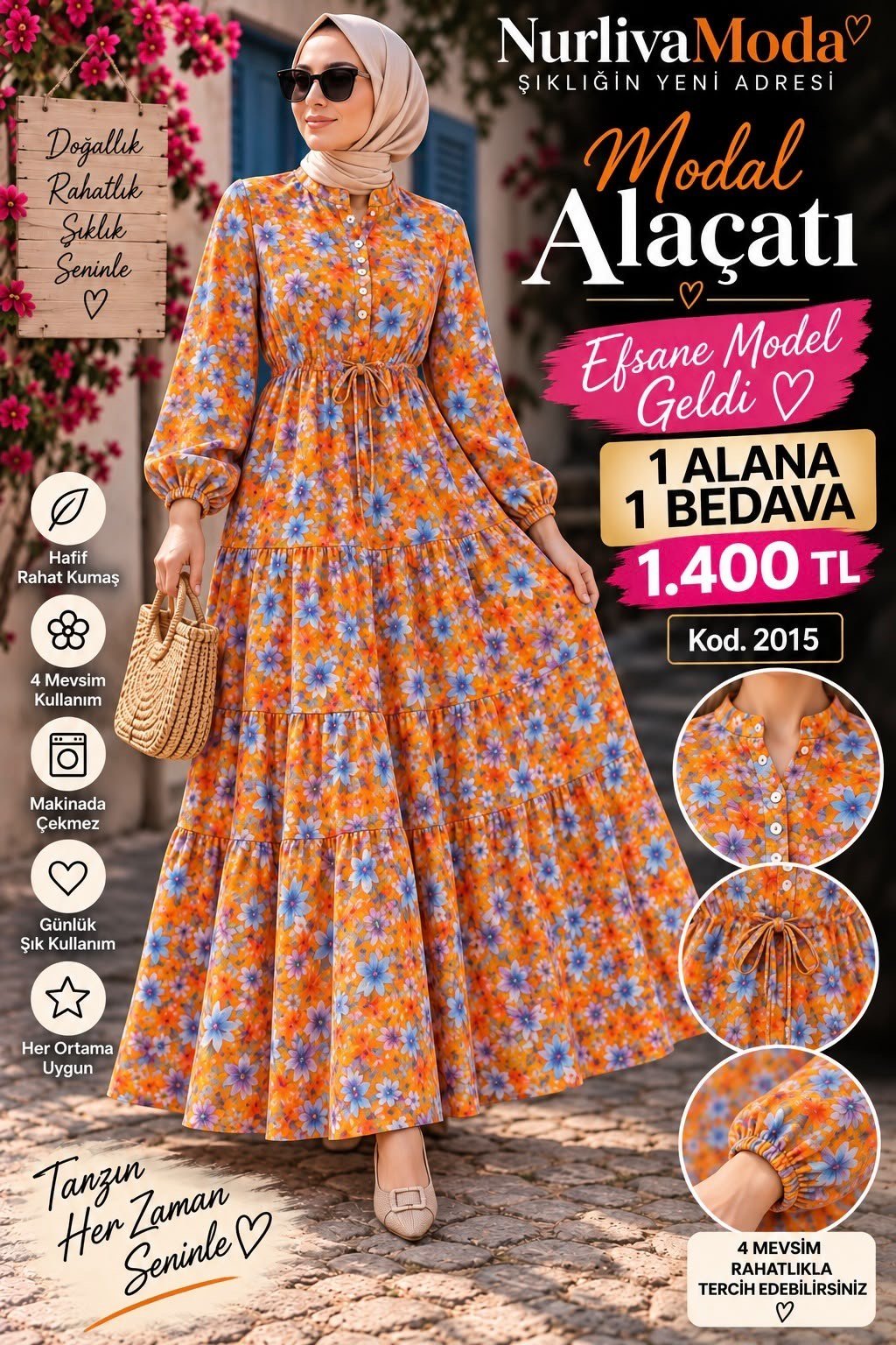 1 ALANA 1 BEDAVA  1400 TL  KARGO BEDAVA  ALAÇATI BELDEN BAĞLAMALI ELBİSE TURUNCU MAVİ 