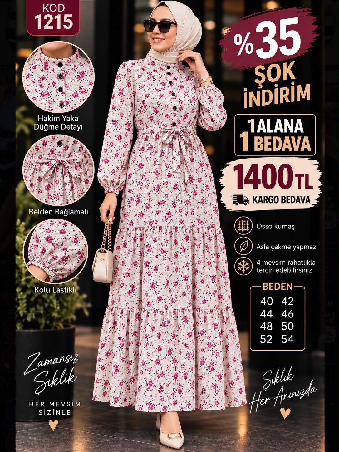 1 ALANA 1 BEDAVA 1400 TL KARGO BEDAVA OSSO KUMAŞ BELDEN BAĞLAMALI ELBİSE EKRU FUŞYA 