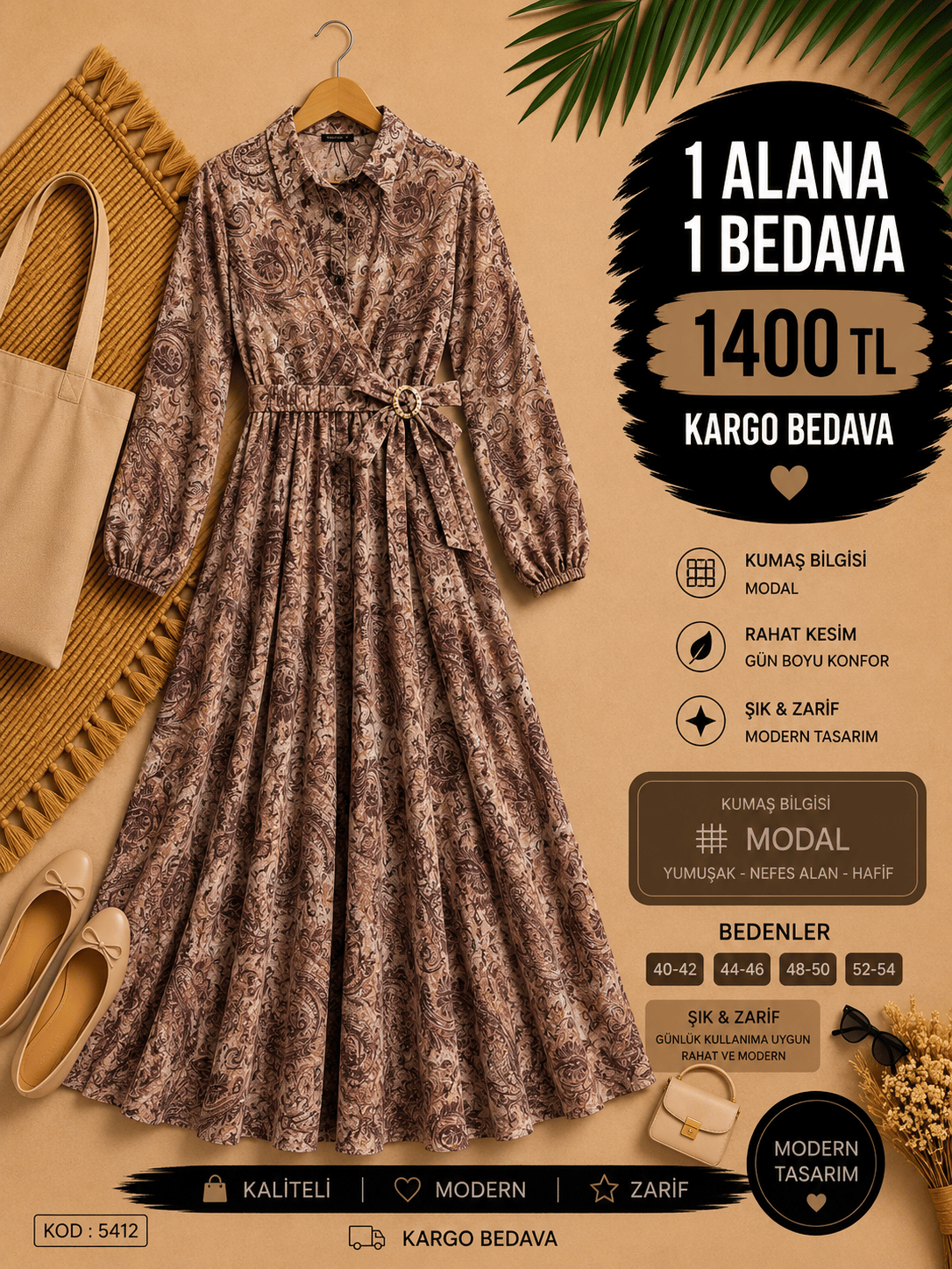 1 ALANA 1 BEDAVA 1400 TL KARGO BEDAVA MODAL KUMAŞ YANDAN BROŞ DETAYLI ELBİSE KAHVERENGİ 