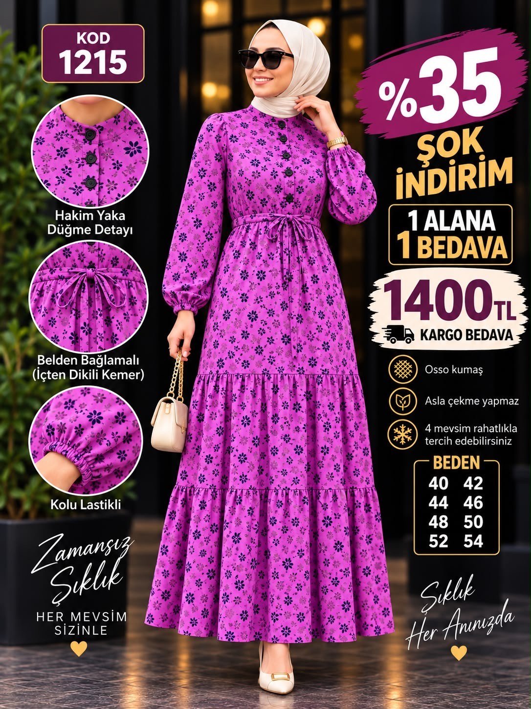 1 ALANA 1 BEDAVA 1400 TL KARGO BEDAVA OSSO KUMAŞ BELDEN BAĞLAMALI ELBİSE FUŞYA 