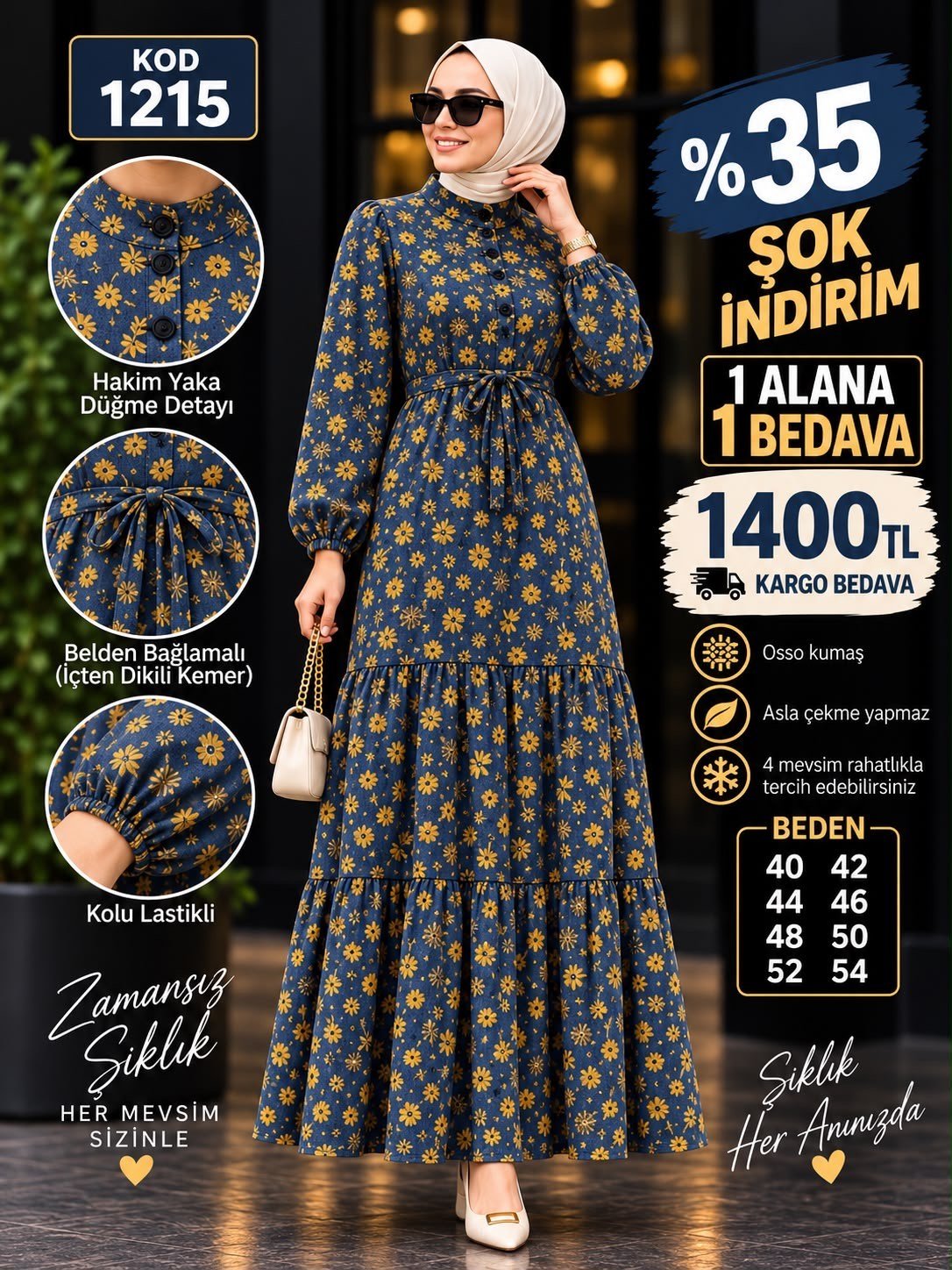 1 ALANA 1 BEDAVA 1400 TL KARGO BEDAVA OSSO KUMAŞ BELDEN BAĞLAMALI ELBİSE LACİVERT 