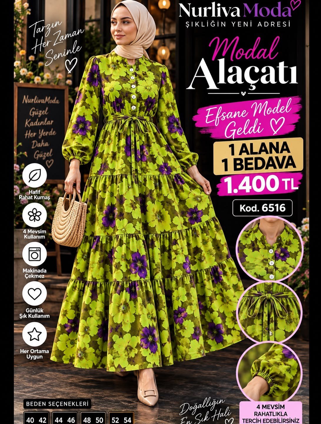 1 ALANA 1 BEDAVA 1400 TL KARGO BEDAVA ALAÇATI BELDEN BAĞLAMALI ELBİSE YEŞİL 