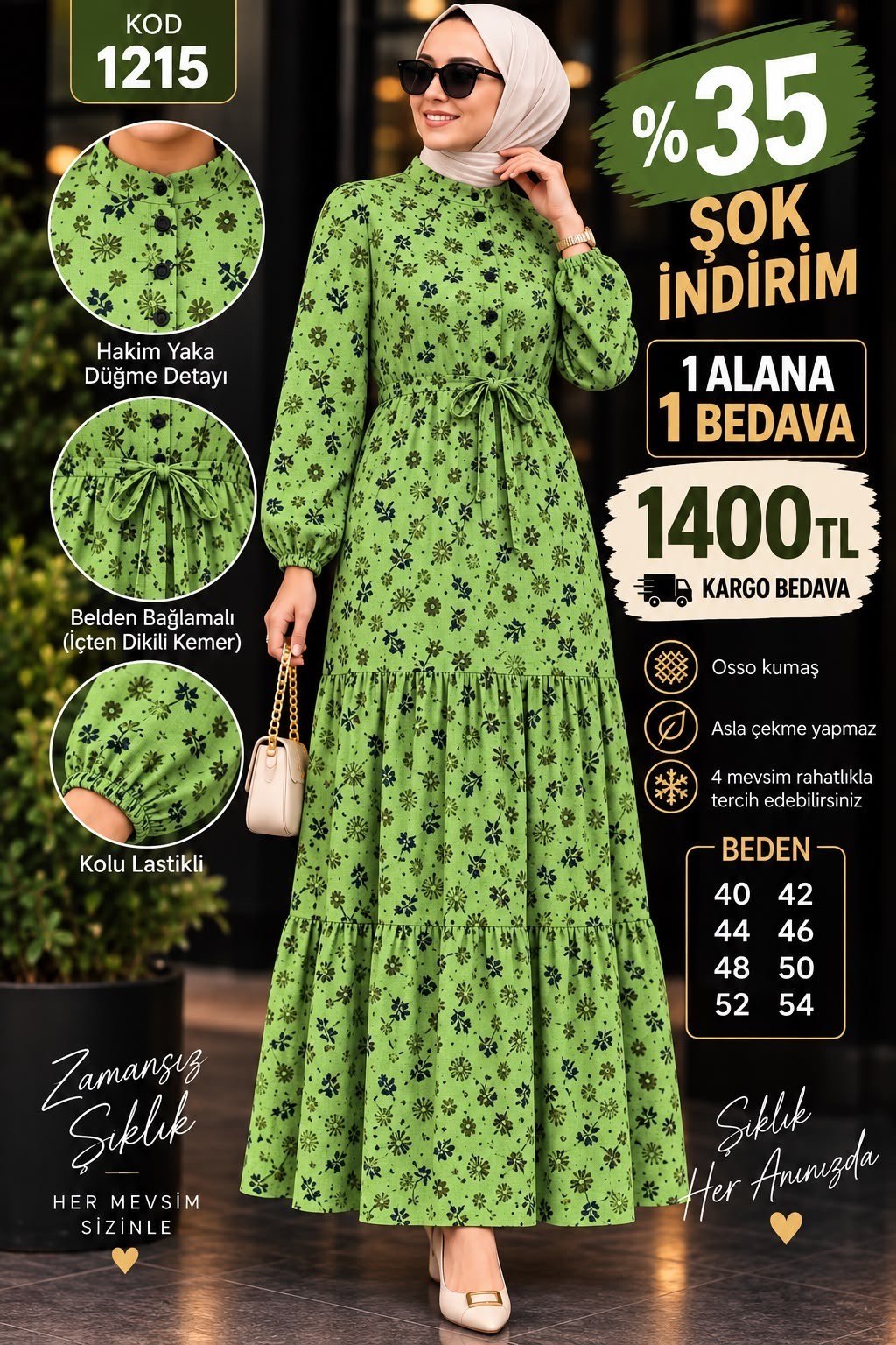 1 ALANA 1 BEDAVA 1400 TL KARGO BEDAVA OSSO KUMAŞ BELDEN BAĞLAMALI ELBİSE YEŞİL 