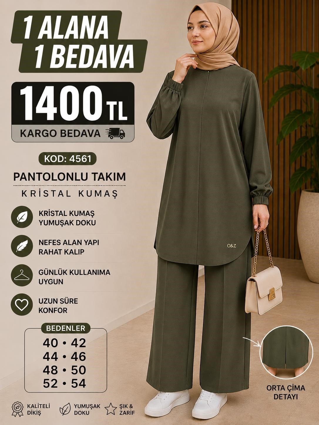 1 ALANA 1 BEDAVA 1400 TL KARGO BEDAVA OYSHO KUMAŞ ÇİMA DETAYLI PANTALONLU TAKIM HAKİ 