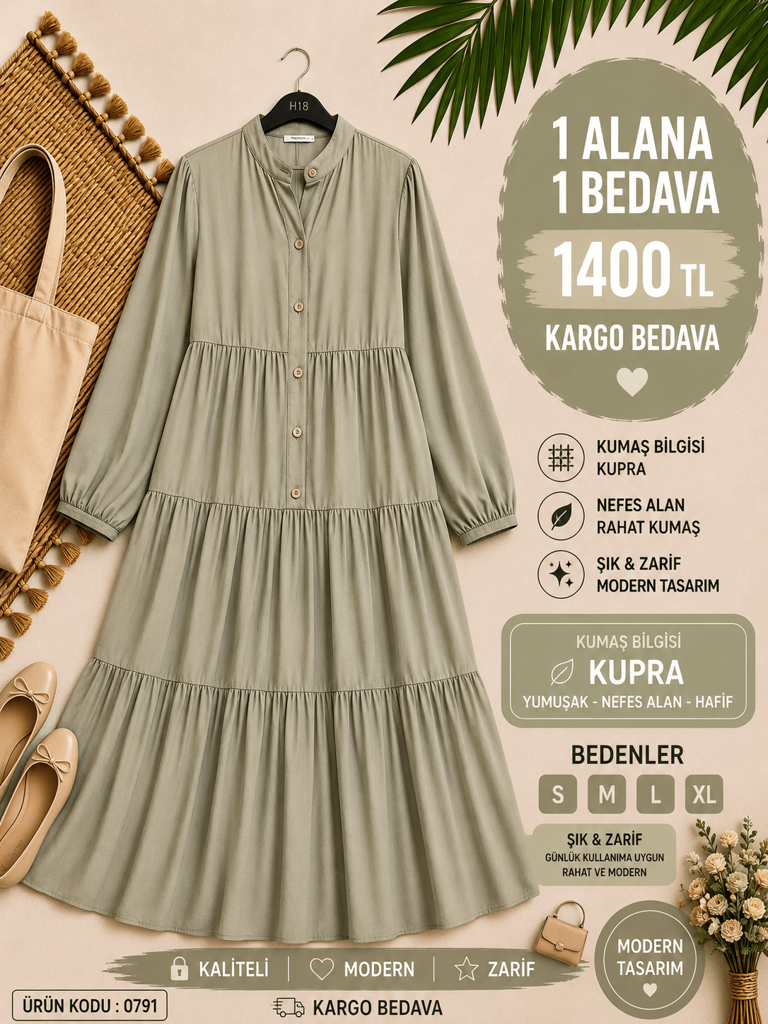 1 ALANA 1 BEDAVA 1400 TL KARGO BEDAVA MODAL KUMAŞ ALAÇATI ELBİSE  YEŞİL 