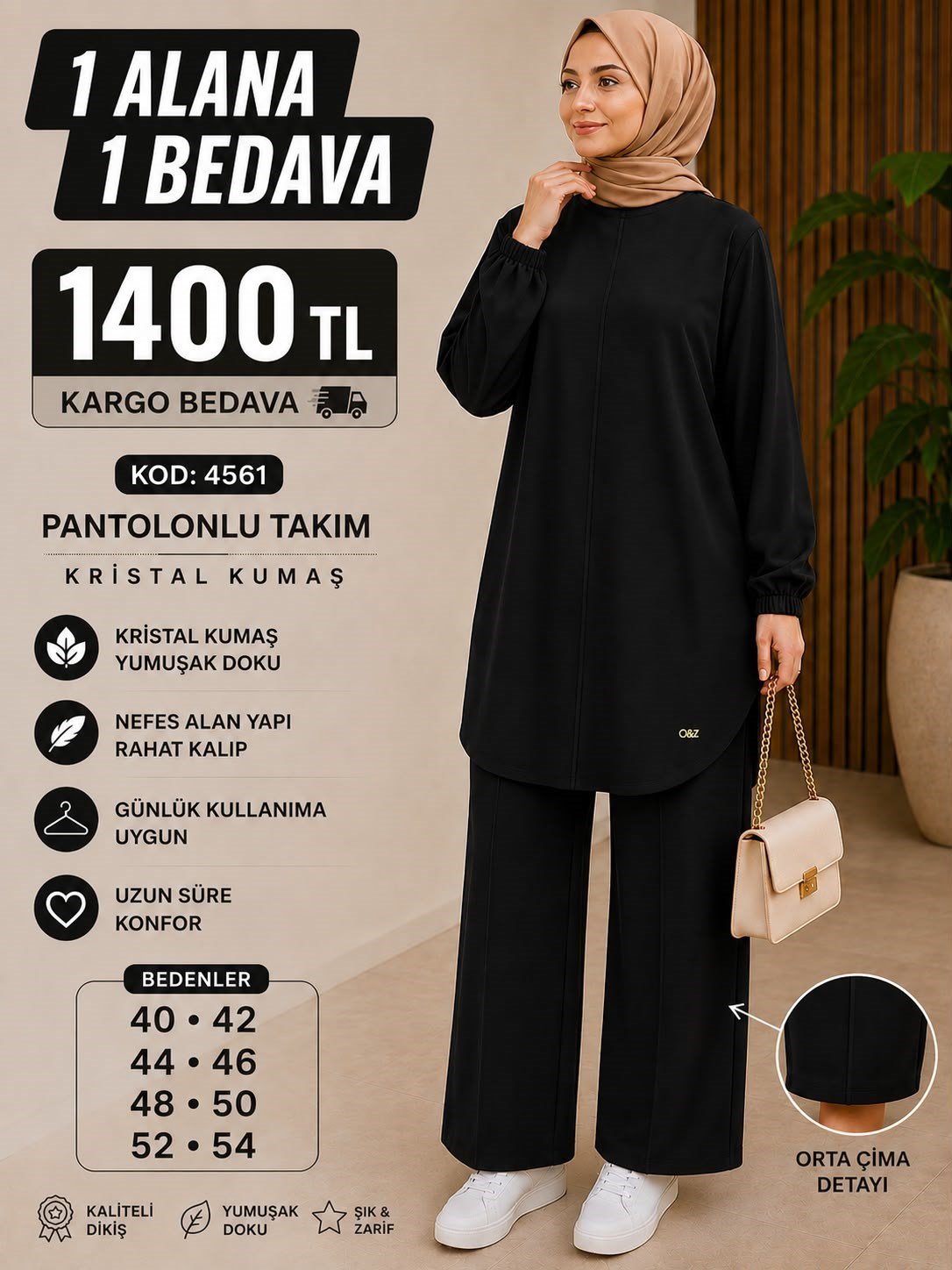 1 ALANA 1 BEDAVA 1400 TL KARGO BEDAVA OYSHO KUMAŞ ÇİMA DETAYLI PANTALONLU TAKIM SİYAH 